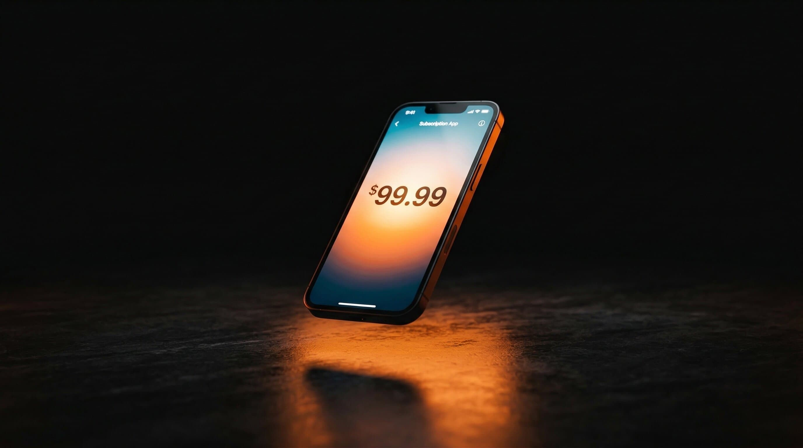 Smartphone displaying a subscription app with warm orange glow on dark surface