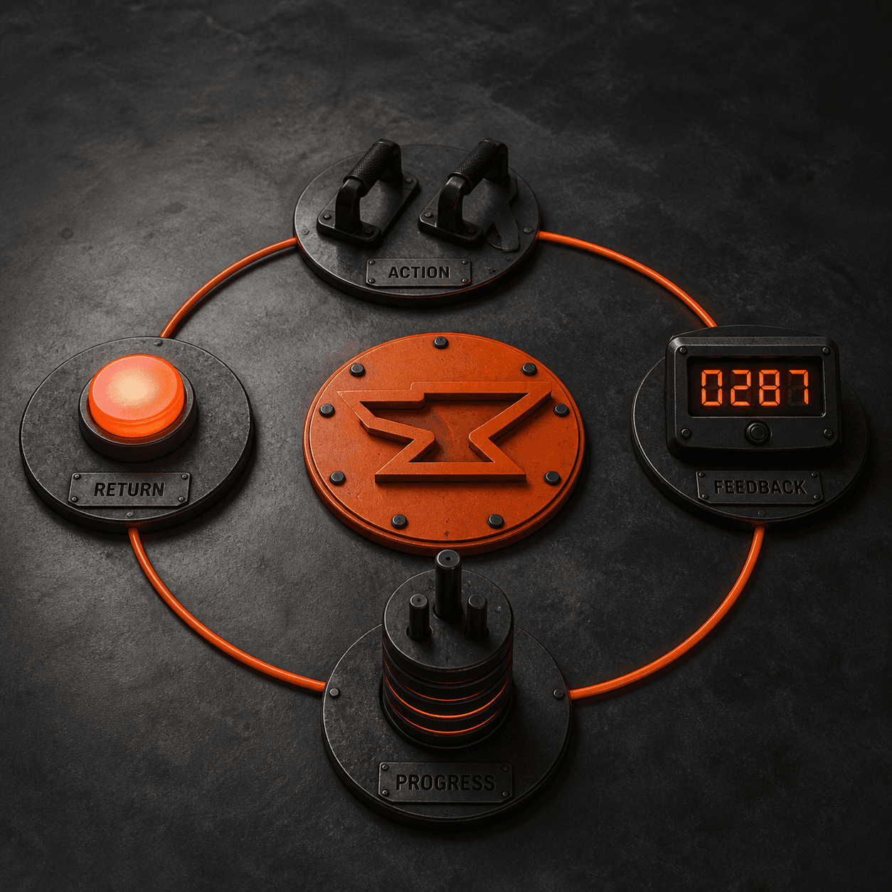 Action, feedback, progress, and return stations form a physical loop around the Built by Foundry mark