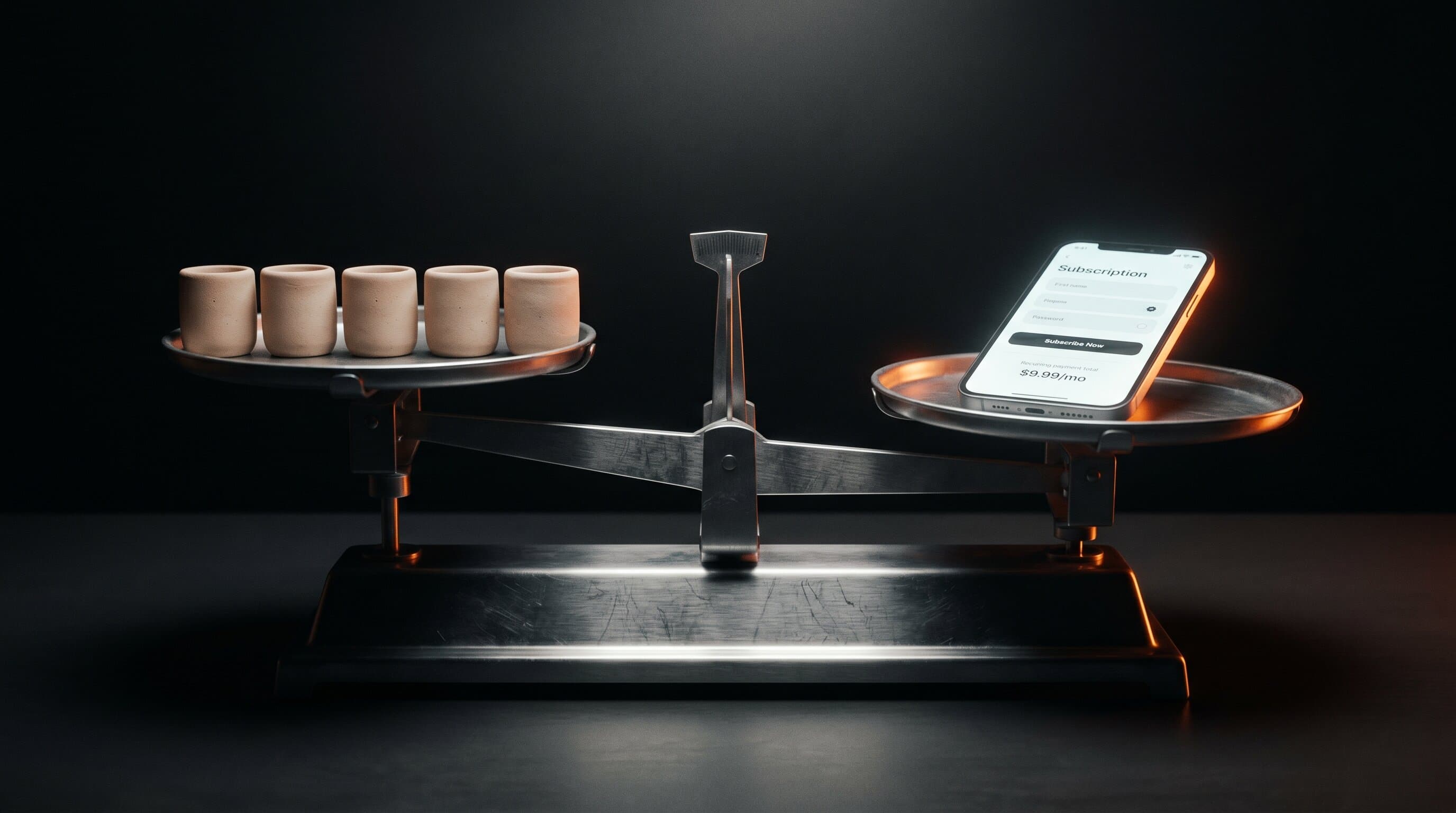 Five generic tip-jar tiles next to one phone glowing with orange rim light on a balance scale