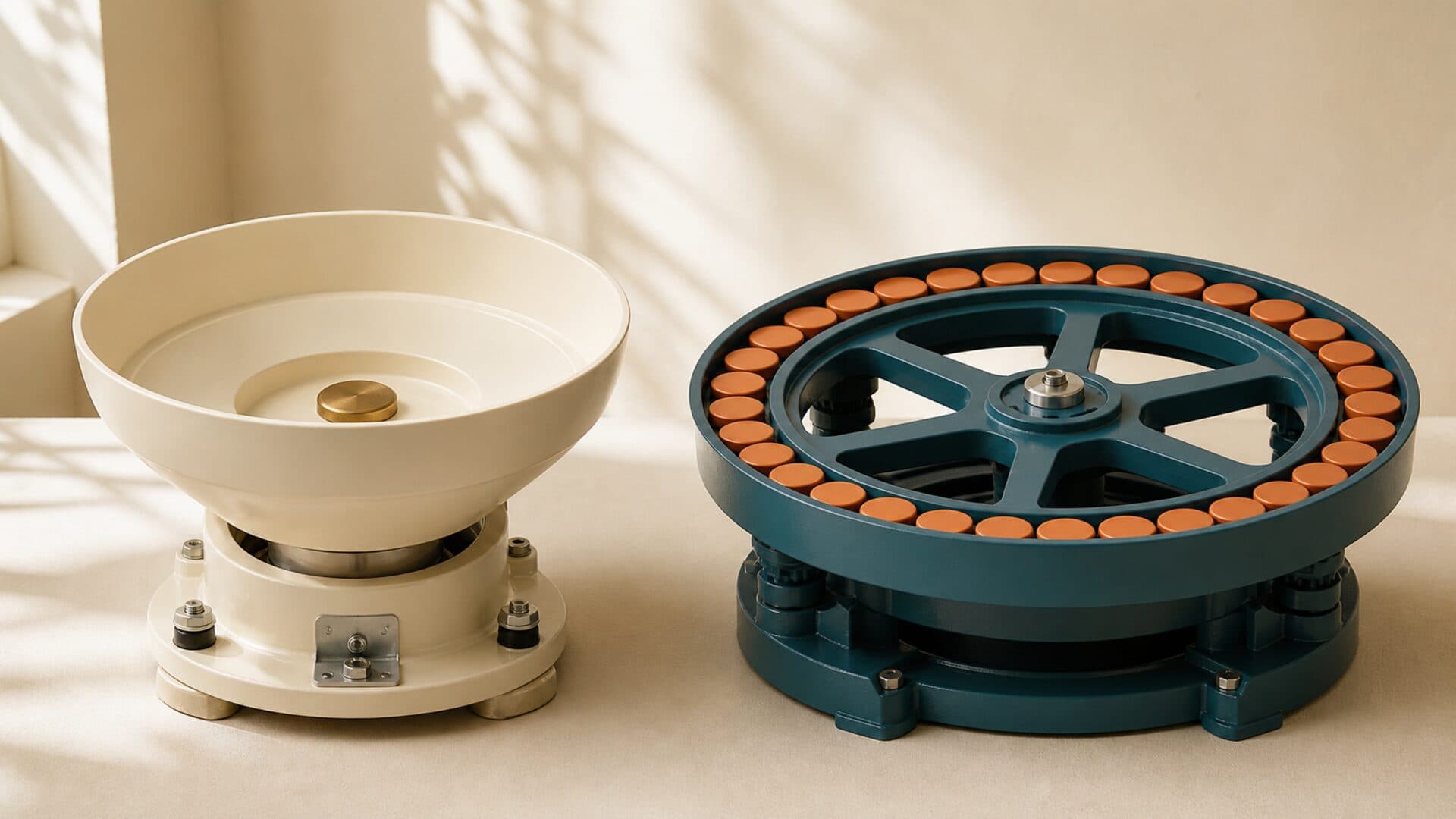 A single brass token in a cream tip cup beside a deep-teal flywheel carrying a continuous ring of orange subscription tokens