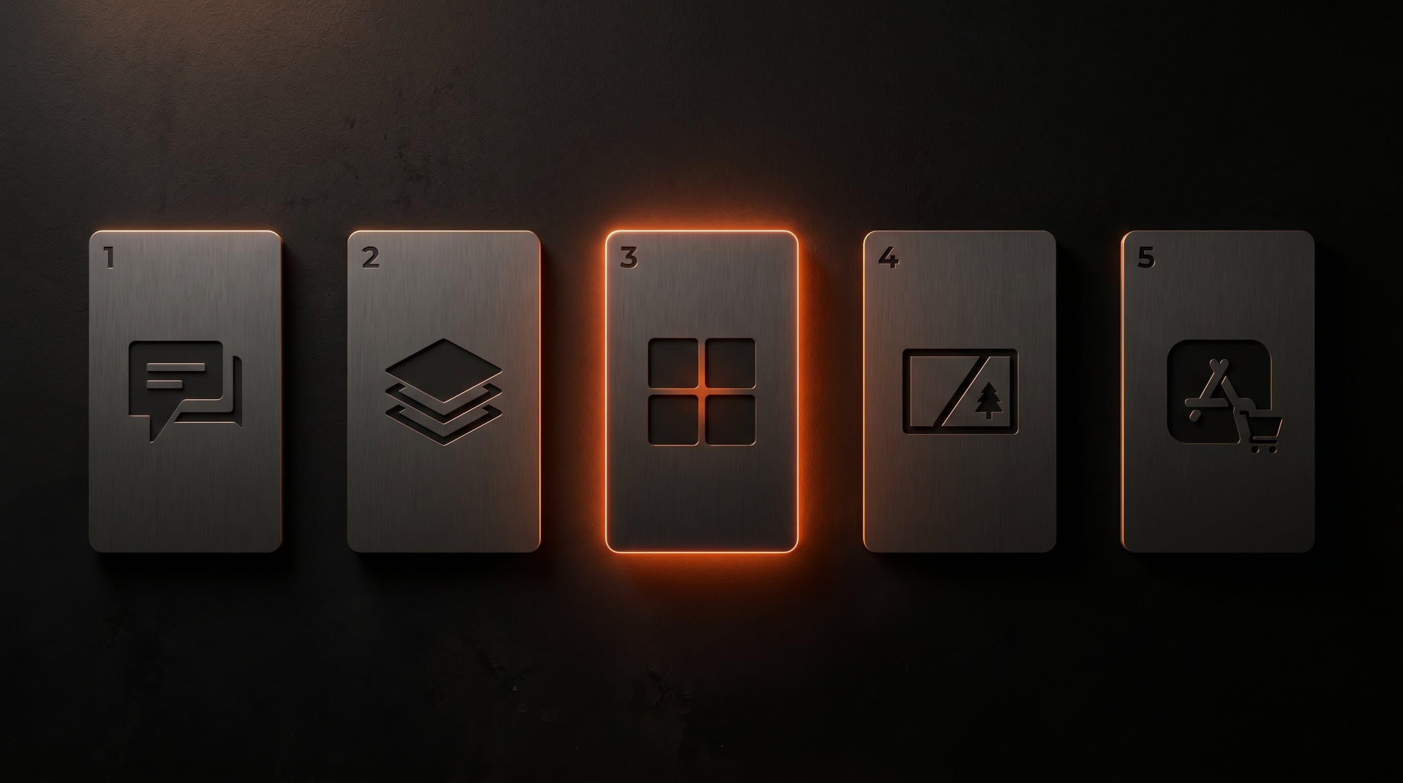 Foundry-style flat lay showing five community platform logos arranged on a dark surface with warm orange accent lighting