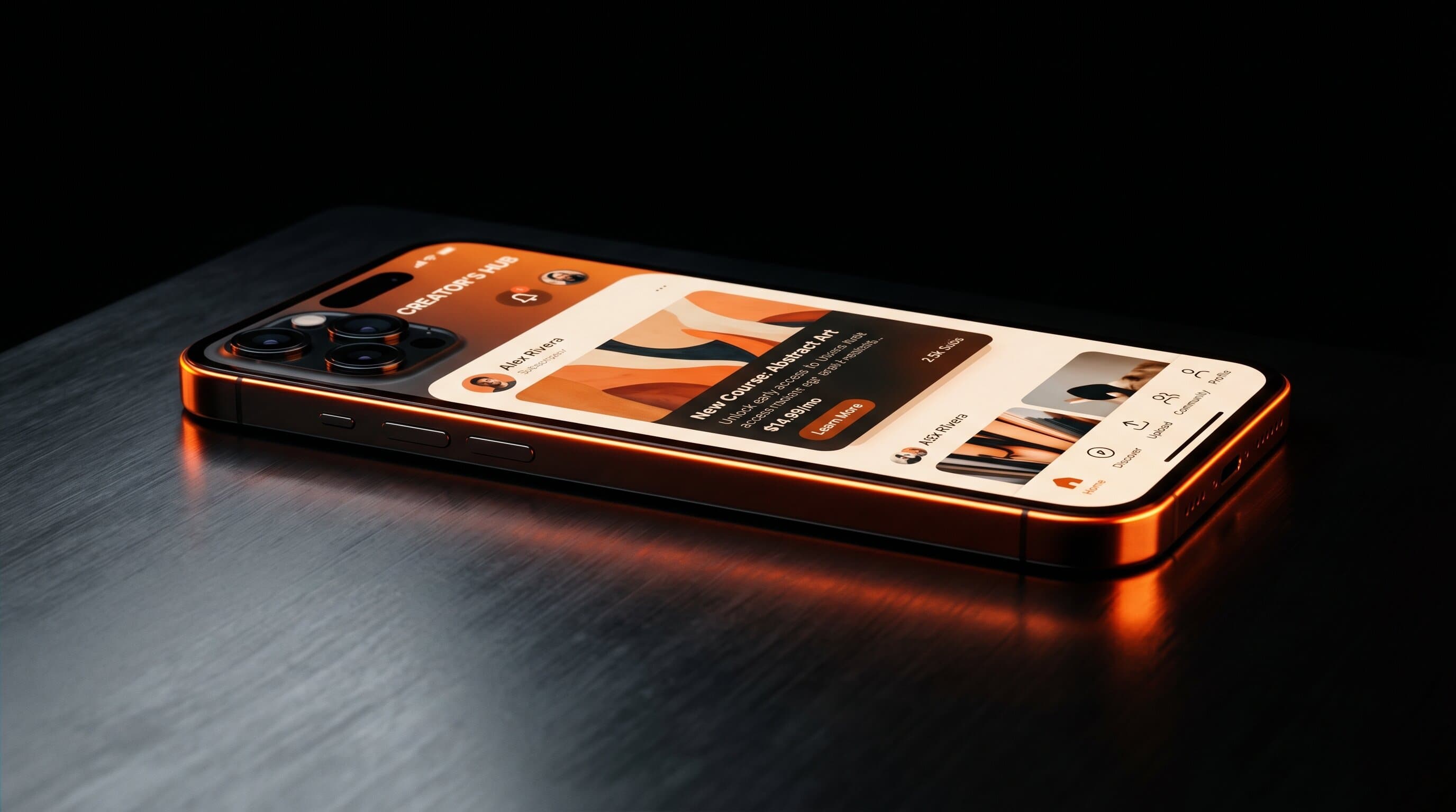 A single iPhone showing a creator app interface on a dark surface with a single warm orange rim light along the device edge
