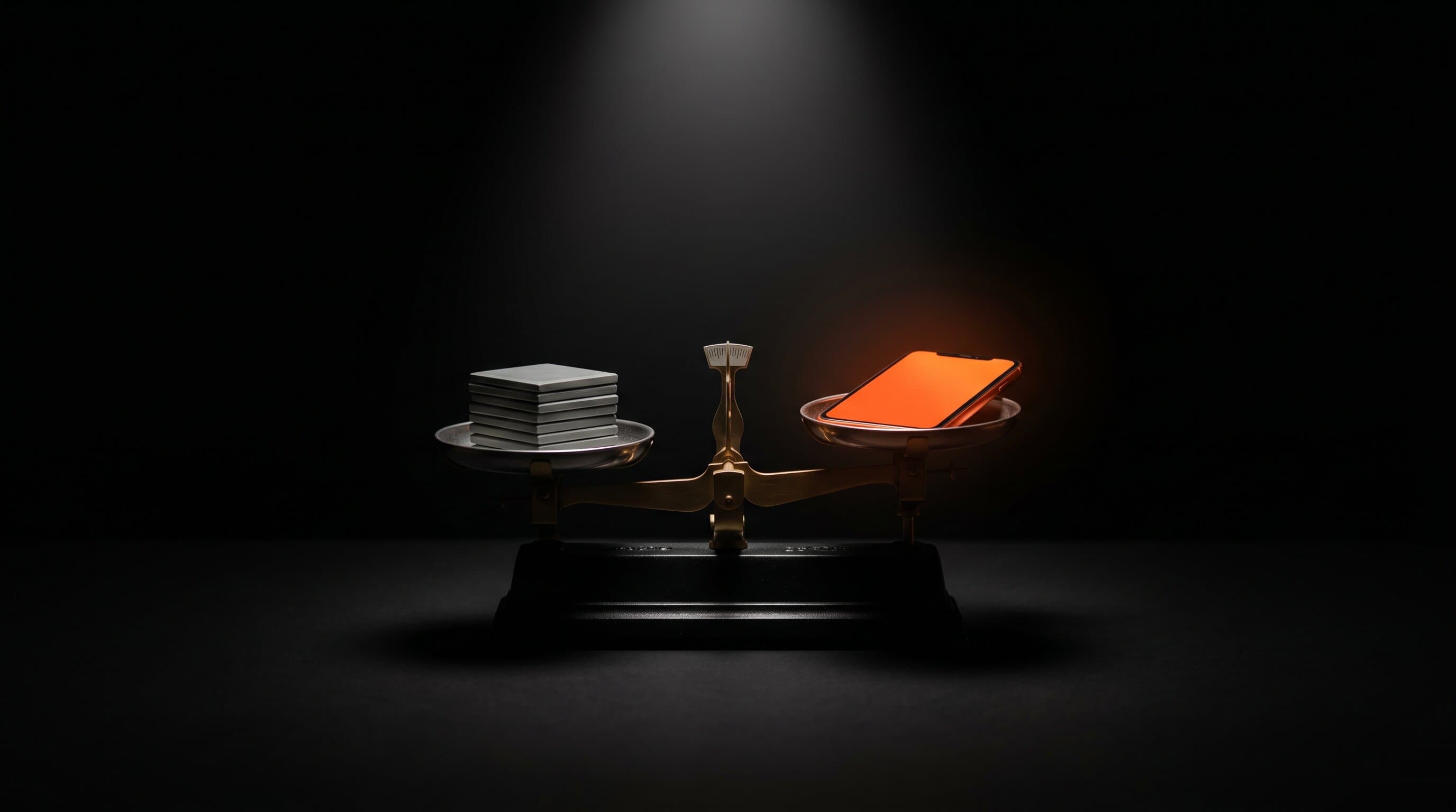Five generic platform tiles next to one phone glowing with orange light, weighed on a balance scale