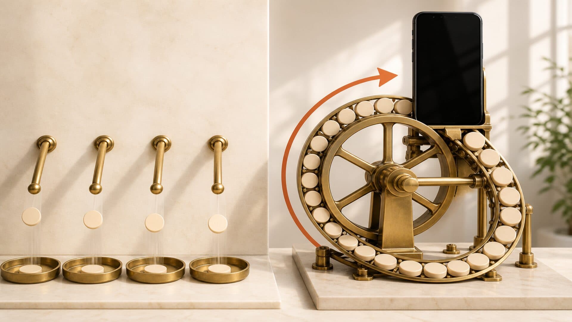 Four one-time sales end in shallow trays while an app turns subscriber tokens through a recurring flywheel.