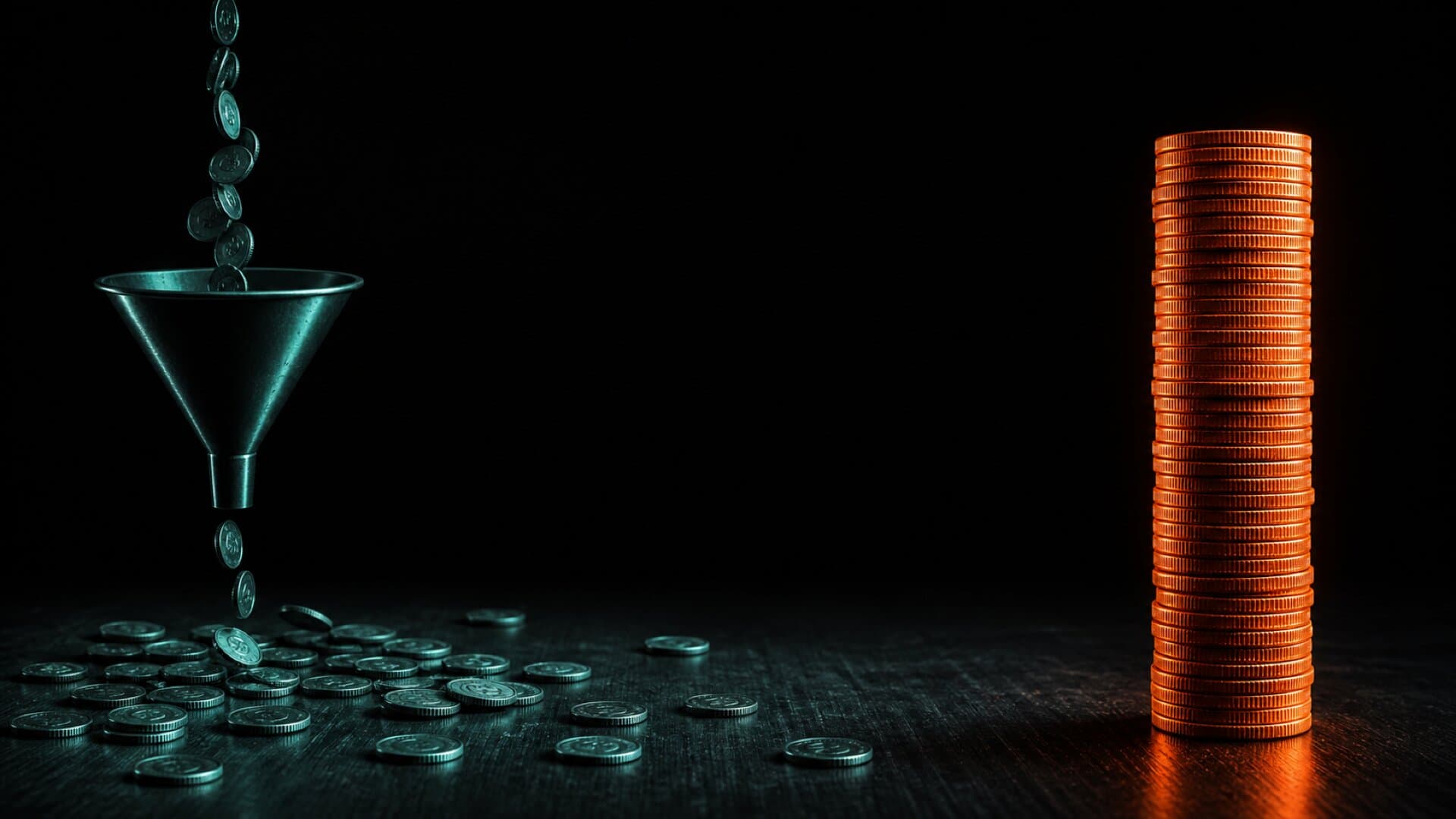 Coins draining through a funnel in platform fees next to a tall compounding stack of owned revenue