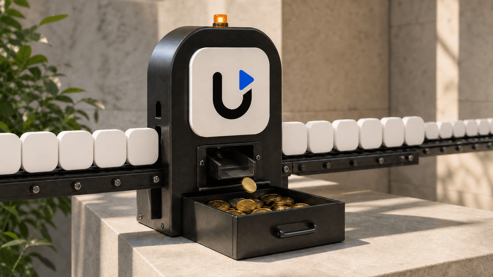 Subscriber tokens passing through a Uscreen-branded toll mechanism that removes a coin from every member