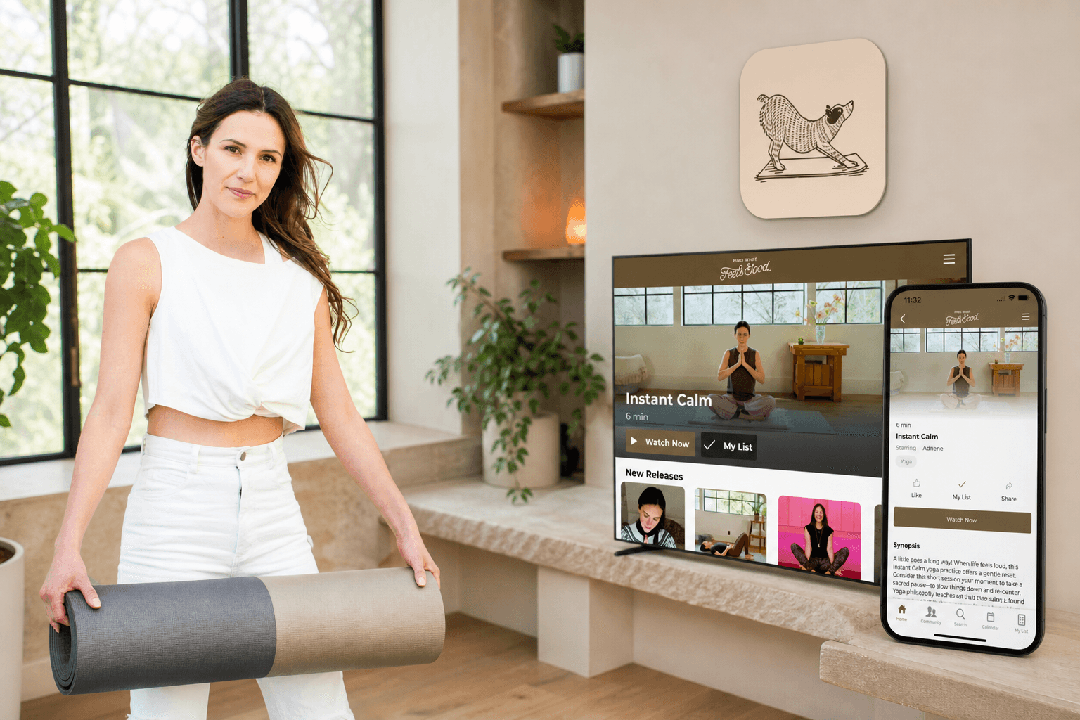 Adriene Mishler beside the real Find What Feels Good yoga app running across a large television and phone