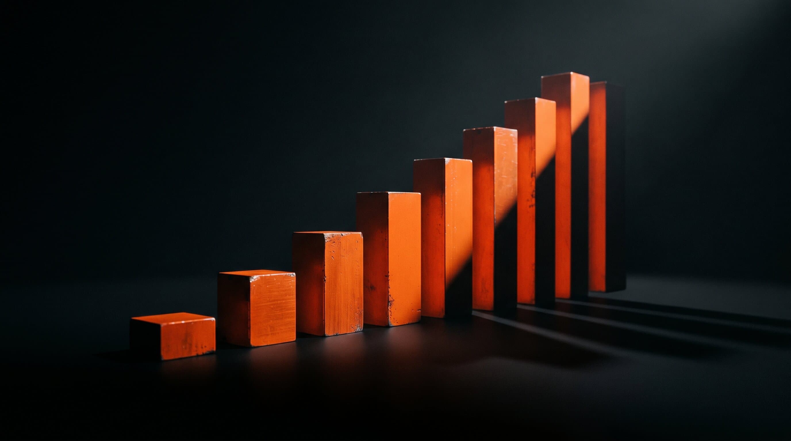 Eight ascending warm orange bars on a dark studio surface representing eight creator app niches compounding into recurring revenue