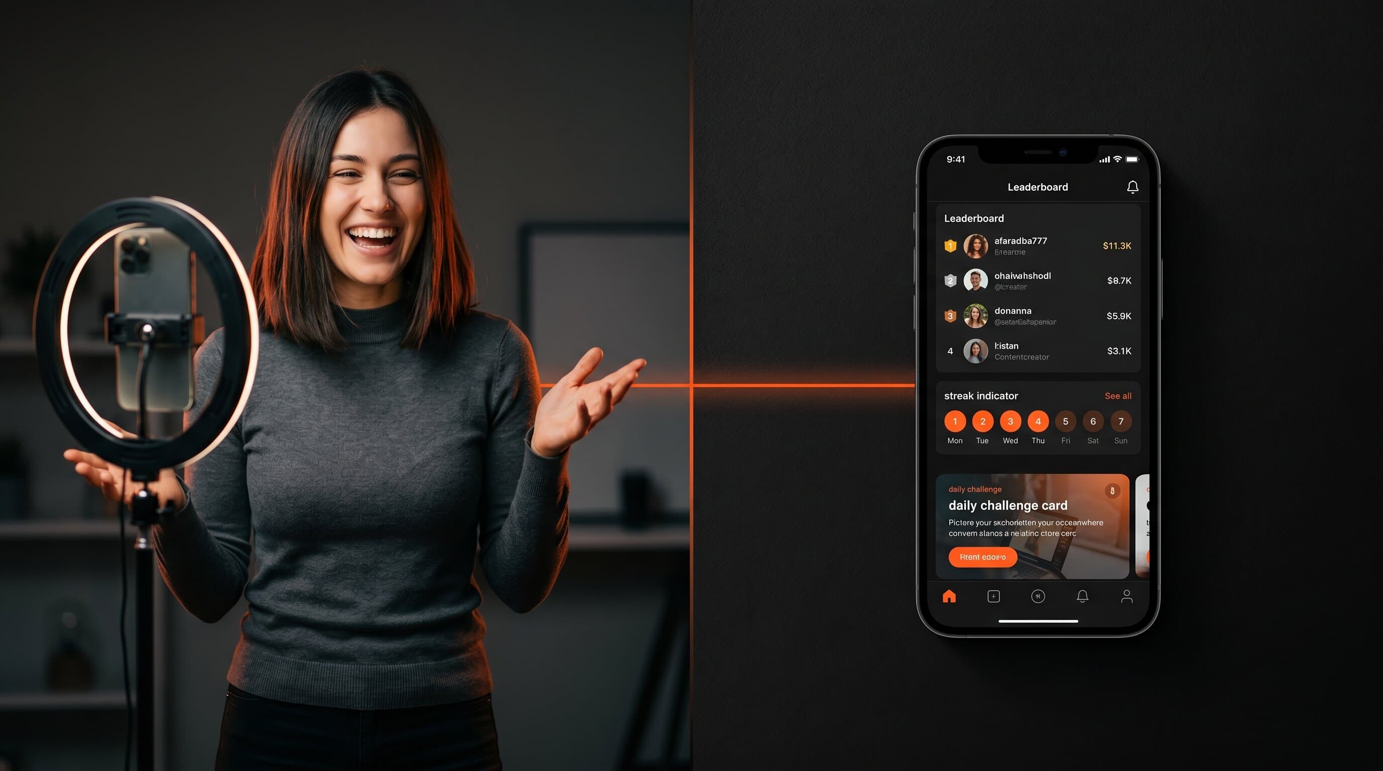 A creator on the right and an app dashboard on the left, both lit with warm orange light.