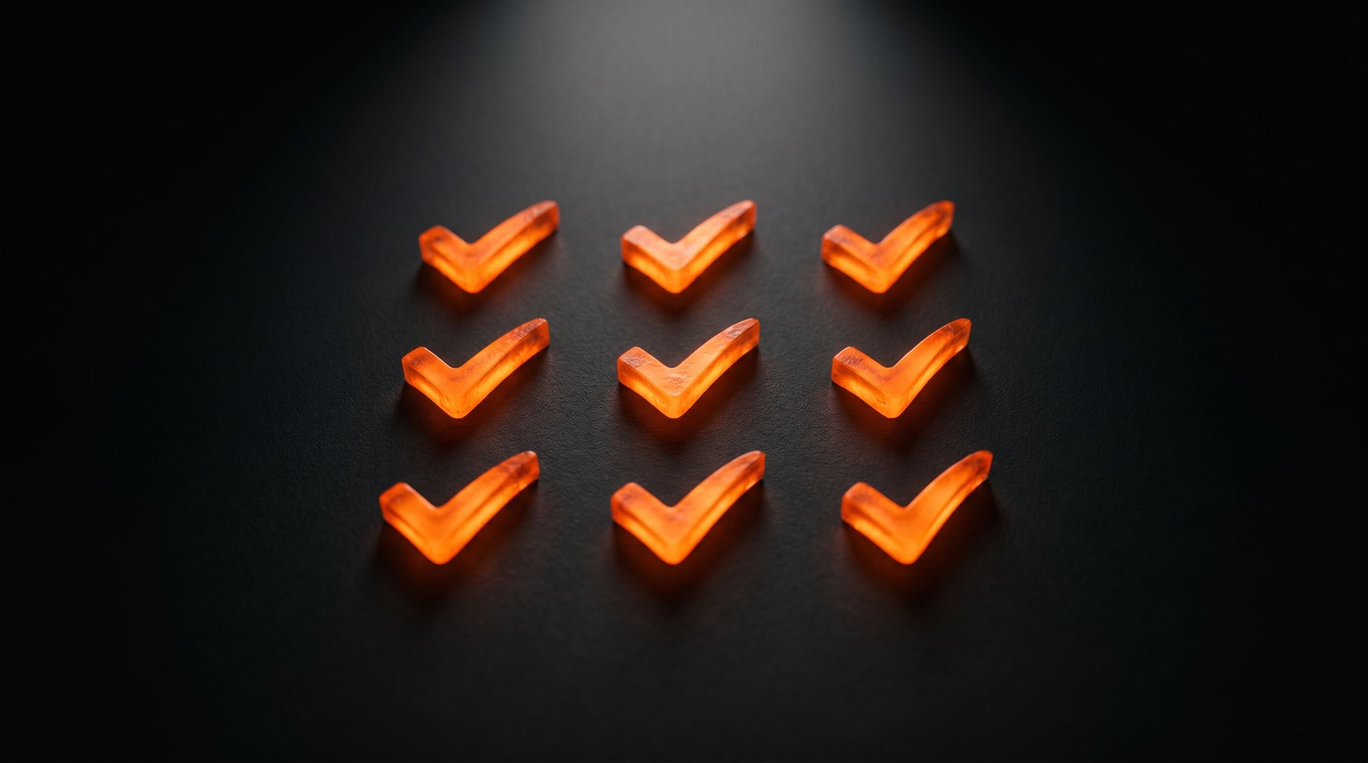 Nine glowing orange checkmarks arranged in a grid on a dark surface