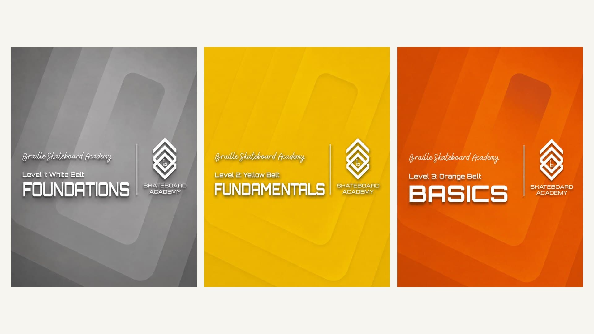The three real Braille Skateboard Academy course covers side by side on an off-white canvas: Level 1 White Belt Foundations in gray, Level 2 Yellow Belt Fundamentals in yellow, and Level 3 Orange Belt Basics in orange. The ladder ends there