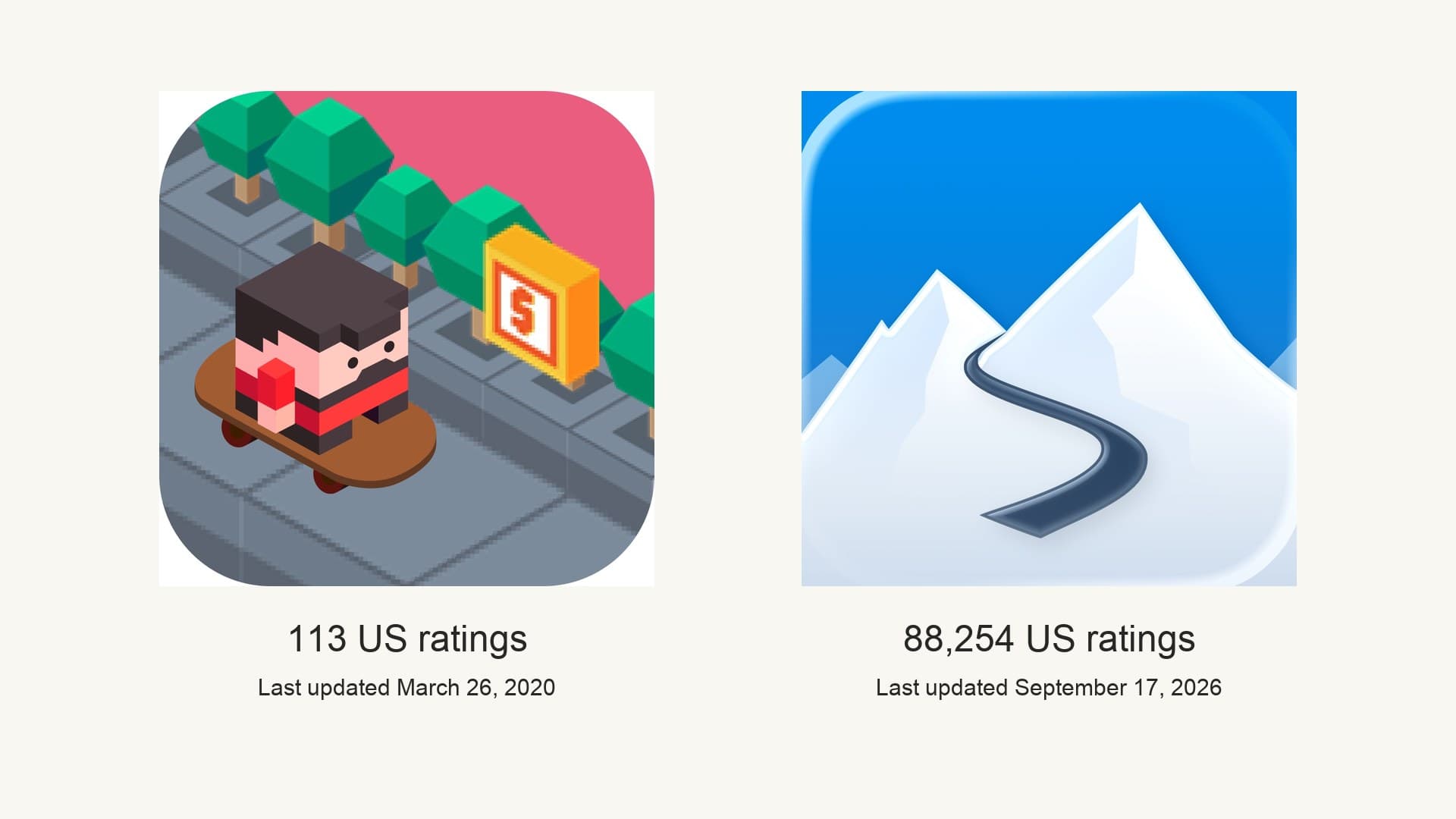 Two real App Store icons at equal size with their verified numbers beneath: Braille Skate Game by B6 Games LLC at 113 US ratings and last updated March 26 2020, beside Slopes Ski and Snowboard by Breakpoint Studio LLC at 88,254 US ratings and last updated September 17 2026
