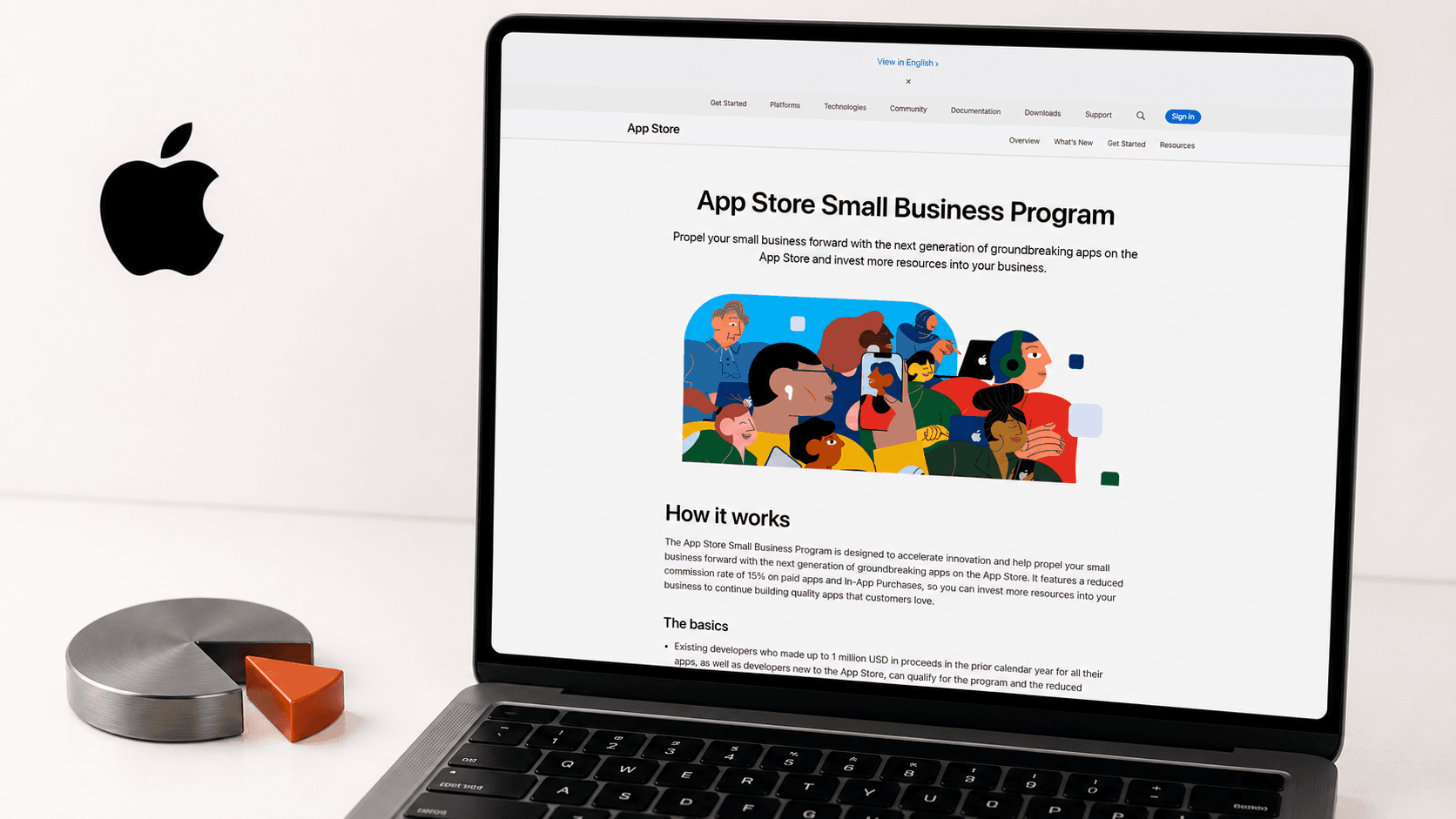 Apple's Small Business Program beside a machined orange disc with a 15 percent wedge removed before payout