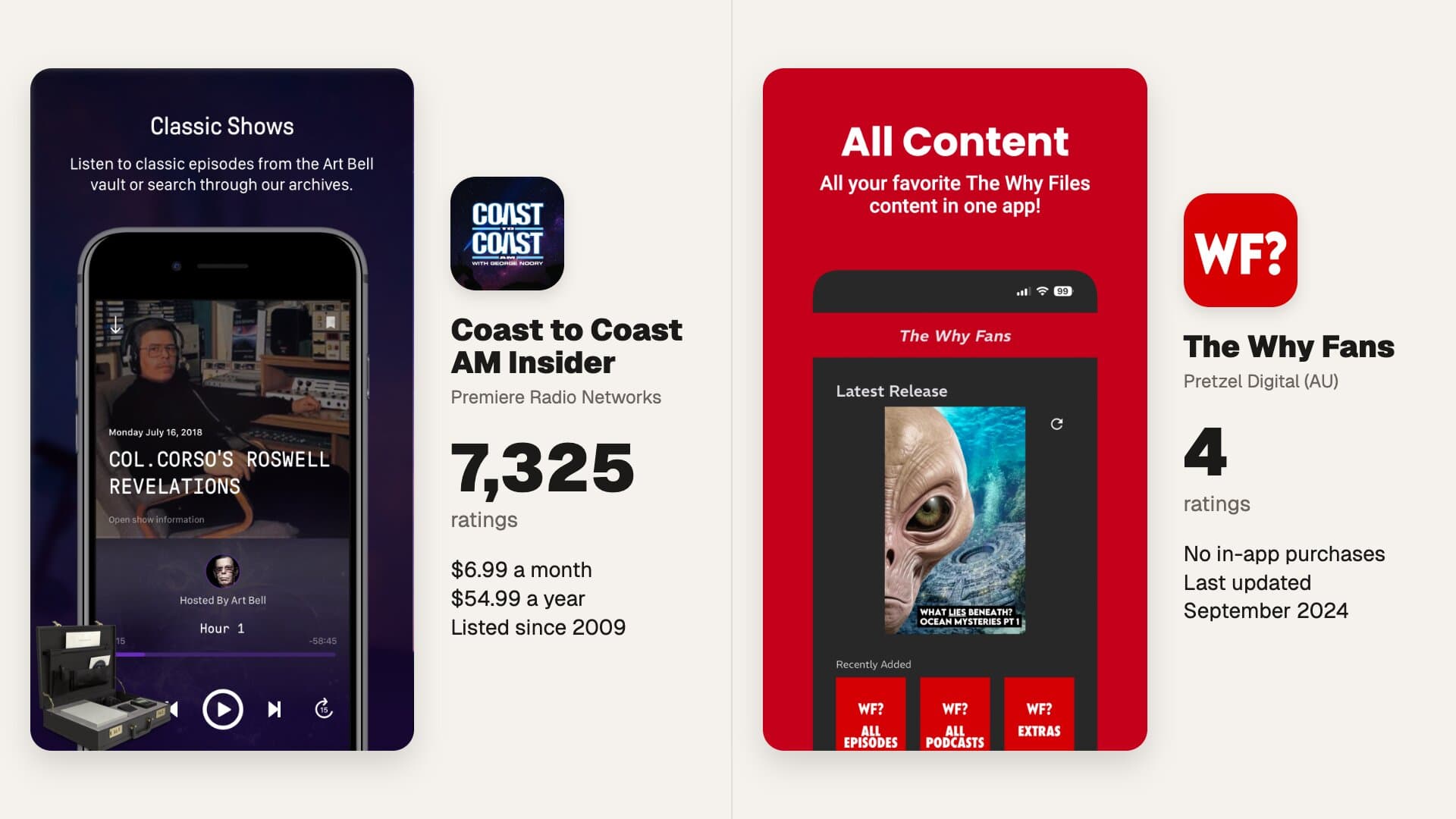 Two App Store listings side by side: Coast to Coast AM Insider with its Classic Shows screen from the Art Bell vault, 7,325 ratings, $6.99 a month or $54.99 a year, listed since 2009; and The Why Fans with its All Content screen, 4 ratings, no in-app purchases, last updated September 2024