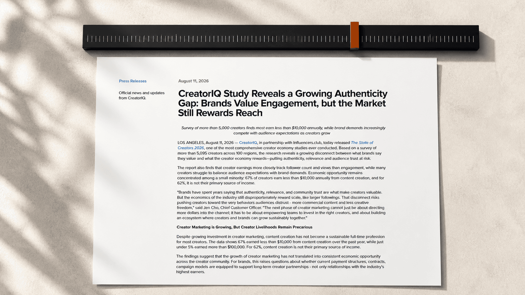 The official CreatorIQ study reporting that the market rewards reach, laid beneath a long audience-reach ruler