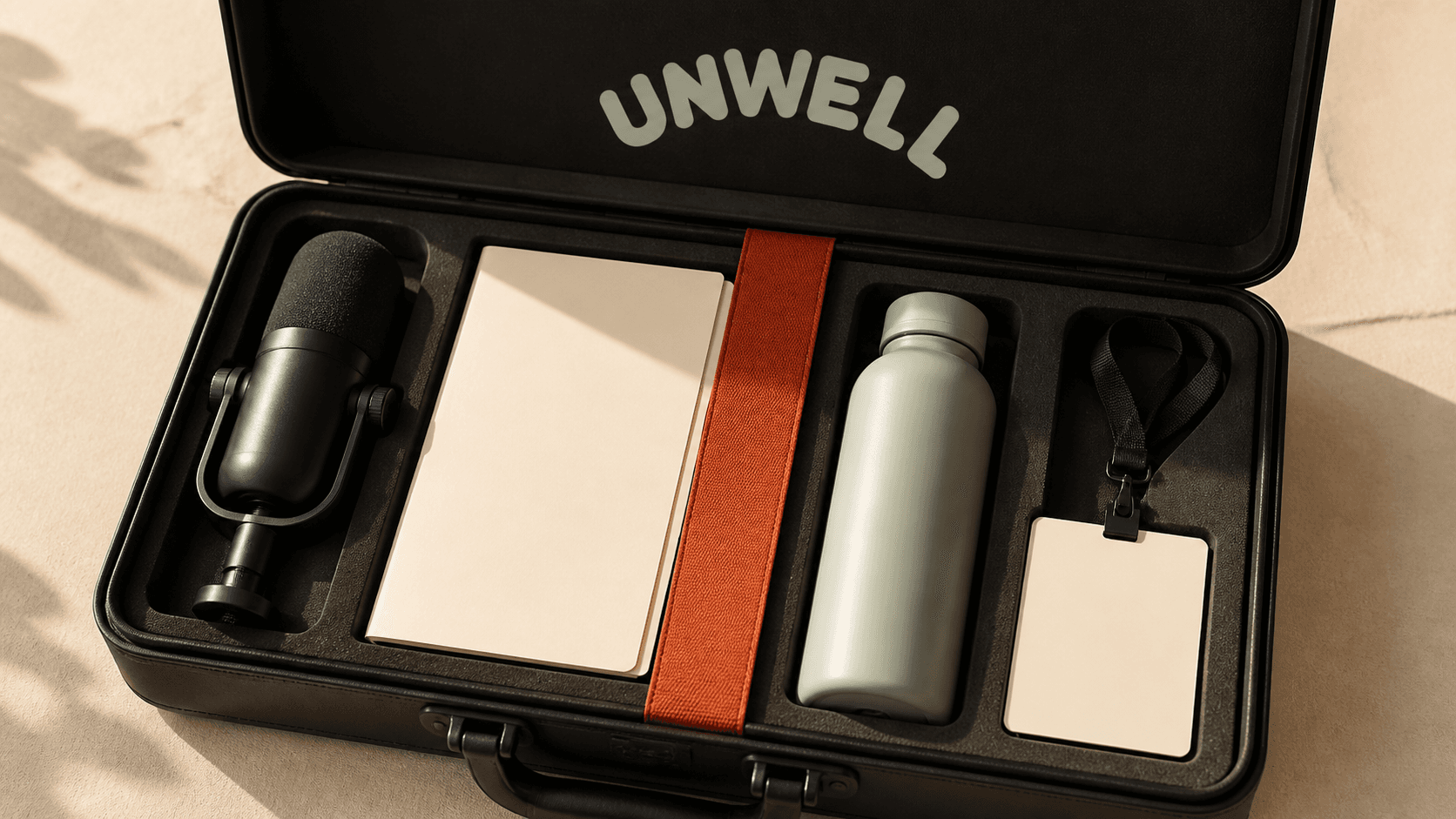 An Unwell portfolio case holding a podcast microphone, agency brief, hydration bottle, and event credential as business assets