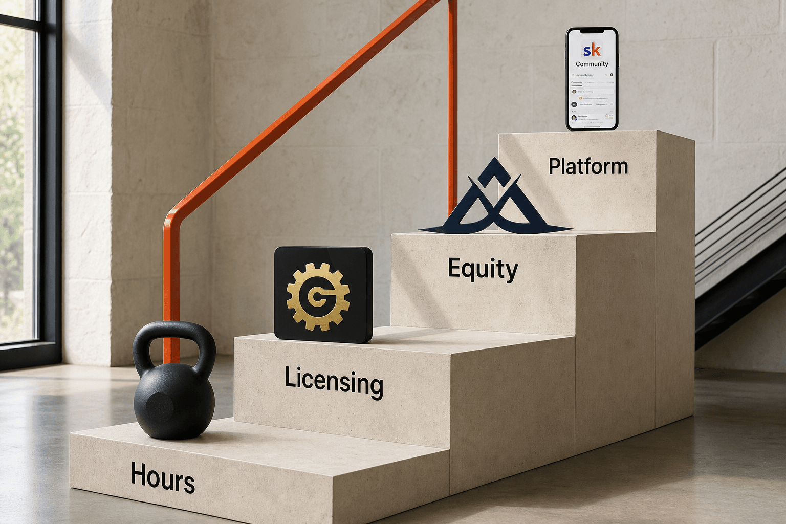 A four-step ownership staircase climbing from hours to Gym Launch licensing, Acquisition.com equity, and the Skool platform