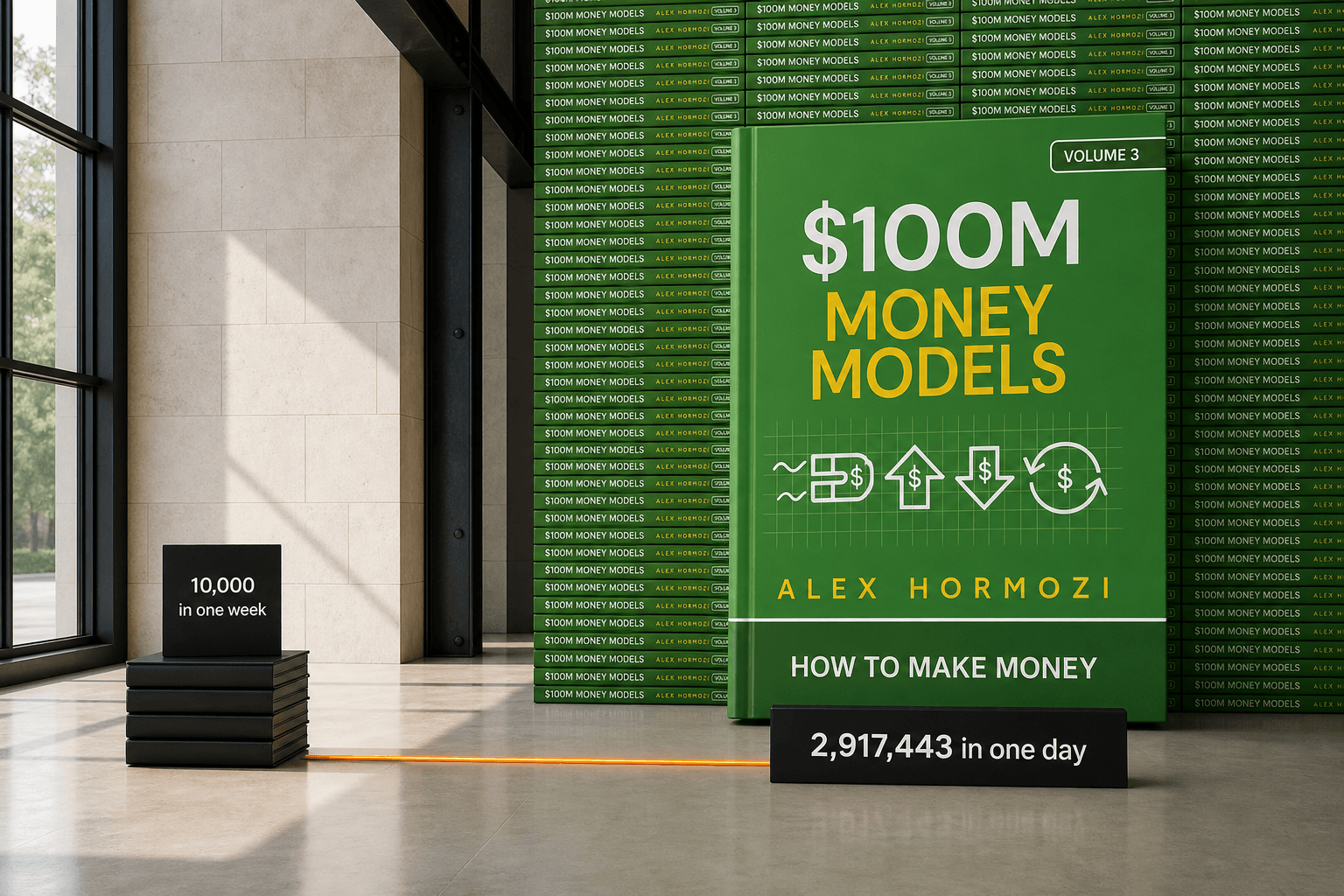 A small stack representing 10,000 books in one week beside a monumental wall representing 2,917,443 Money Models books in one day