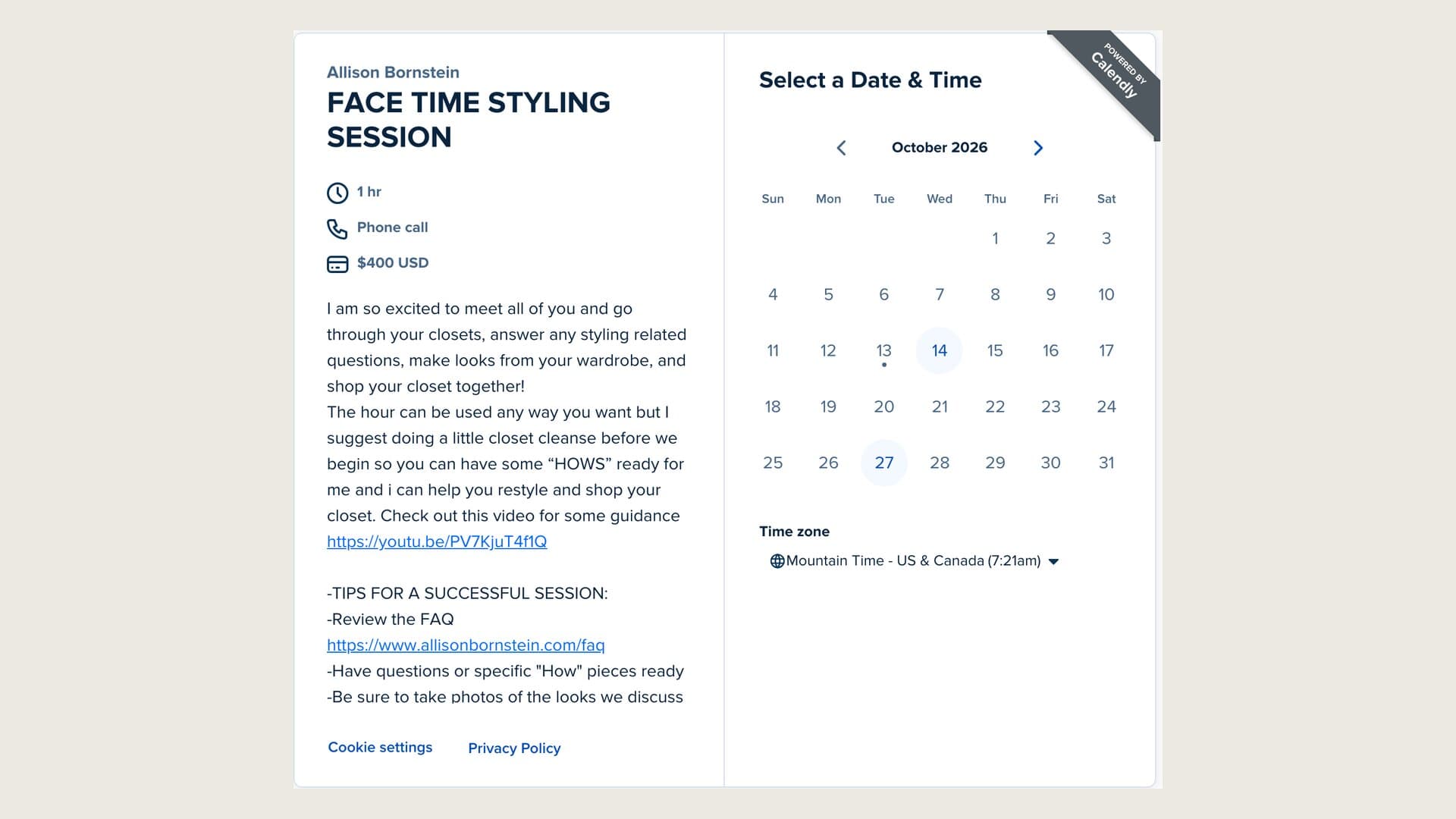 Allison Bornstein's Calendly page for a one-hour FaceTime styling session on October 13, 2026, priced at $400 USD, with the tip to take photos of the looks discussed