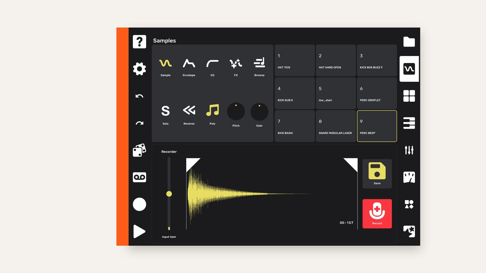 The Flip Sampler sample editor and recorder screen, showing nine sample pads, a yellow waveform, and per-track controls