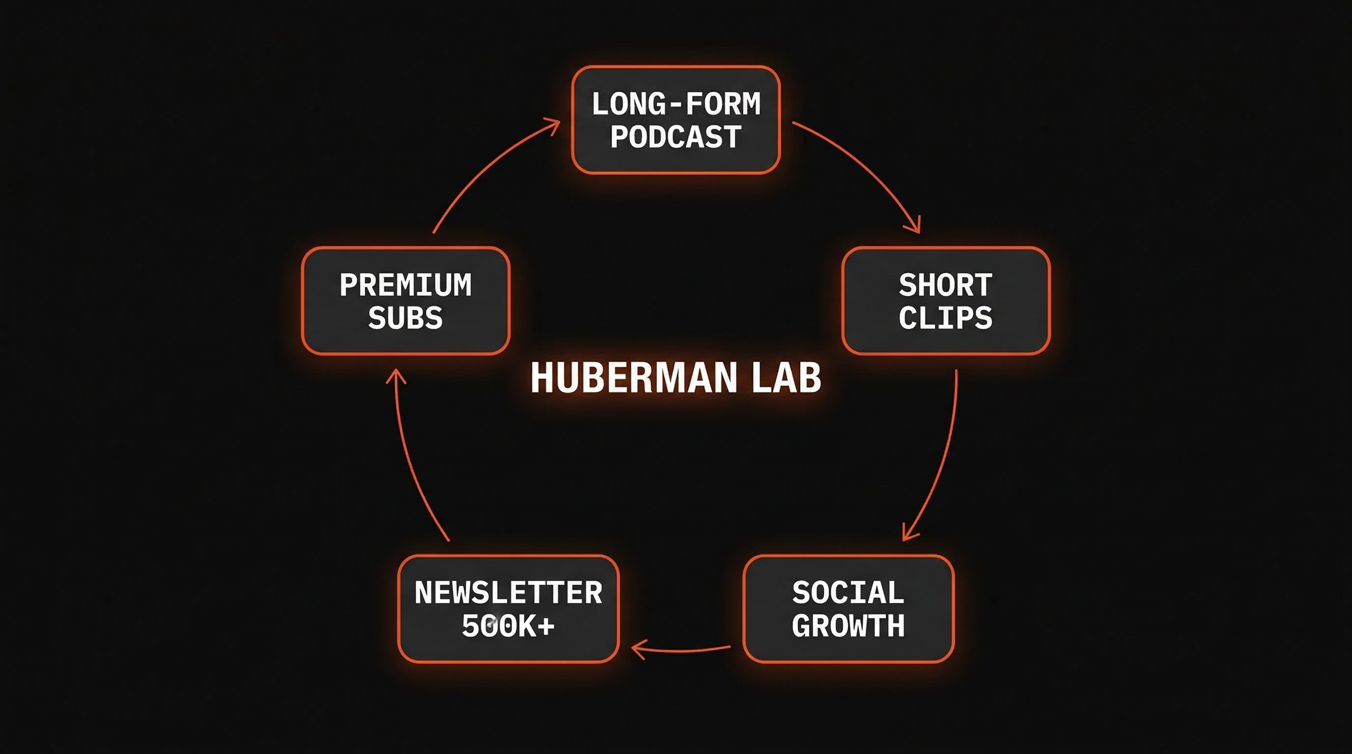 Huberman Lab content flywheel — long-form podcast feeds short clips, which drive social growth, newsletter signups, and premium subscriptions in a self-reinforcing loop