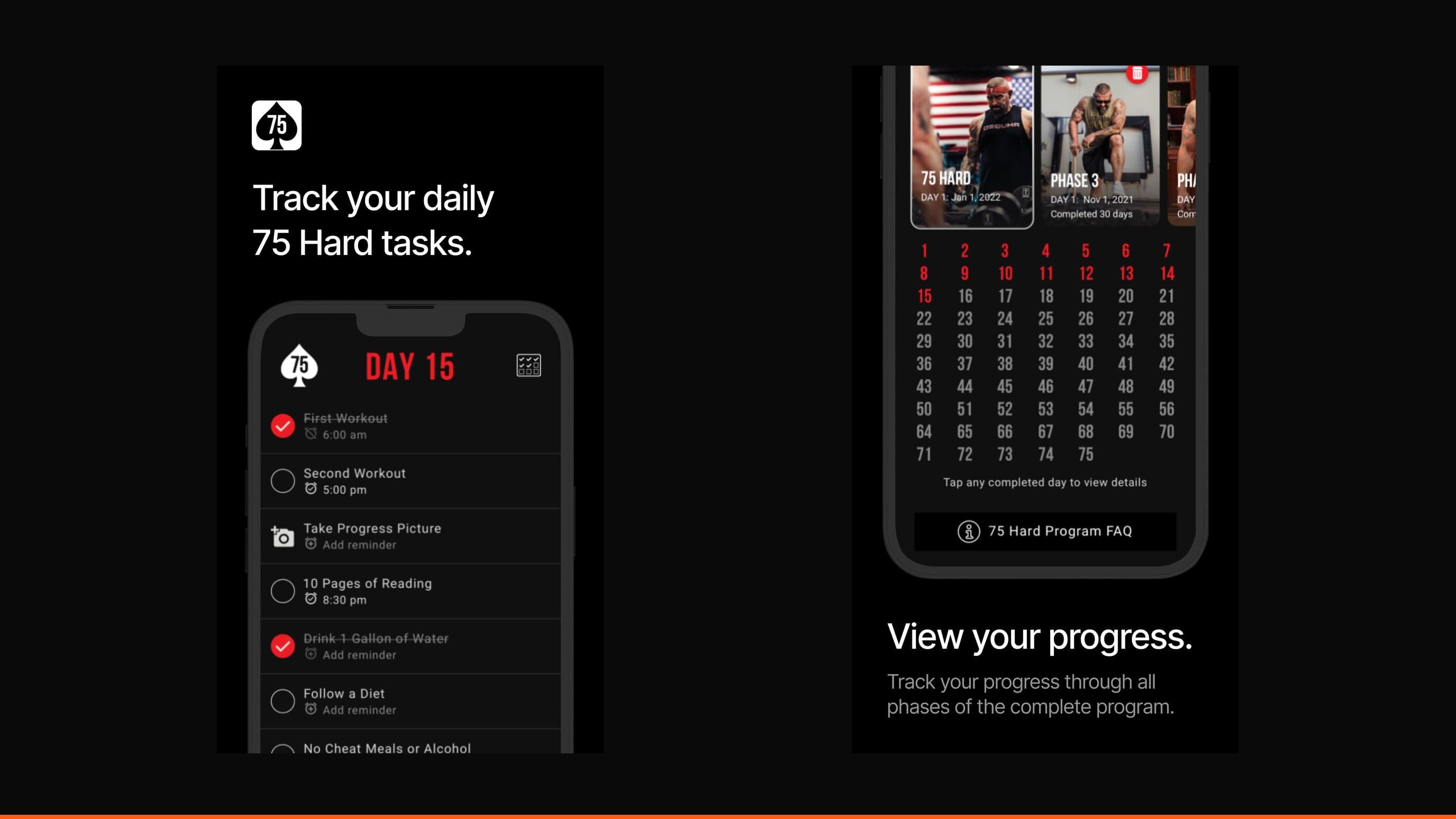 The official 75 Hard app tracks the program's daily tasks, reminders, and progress photos