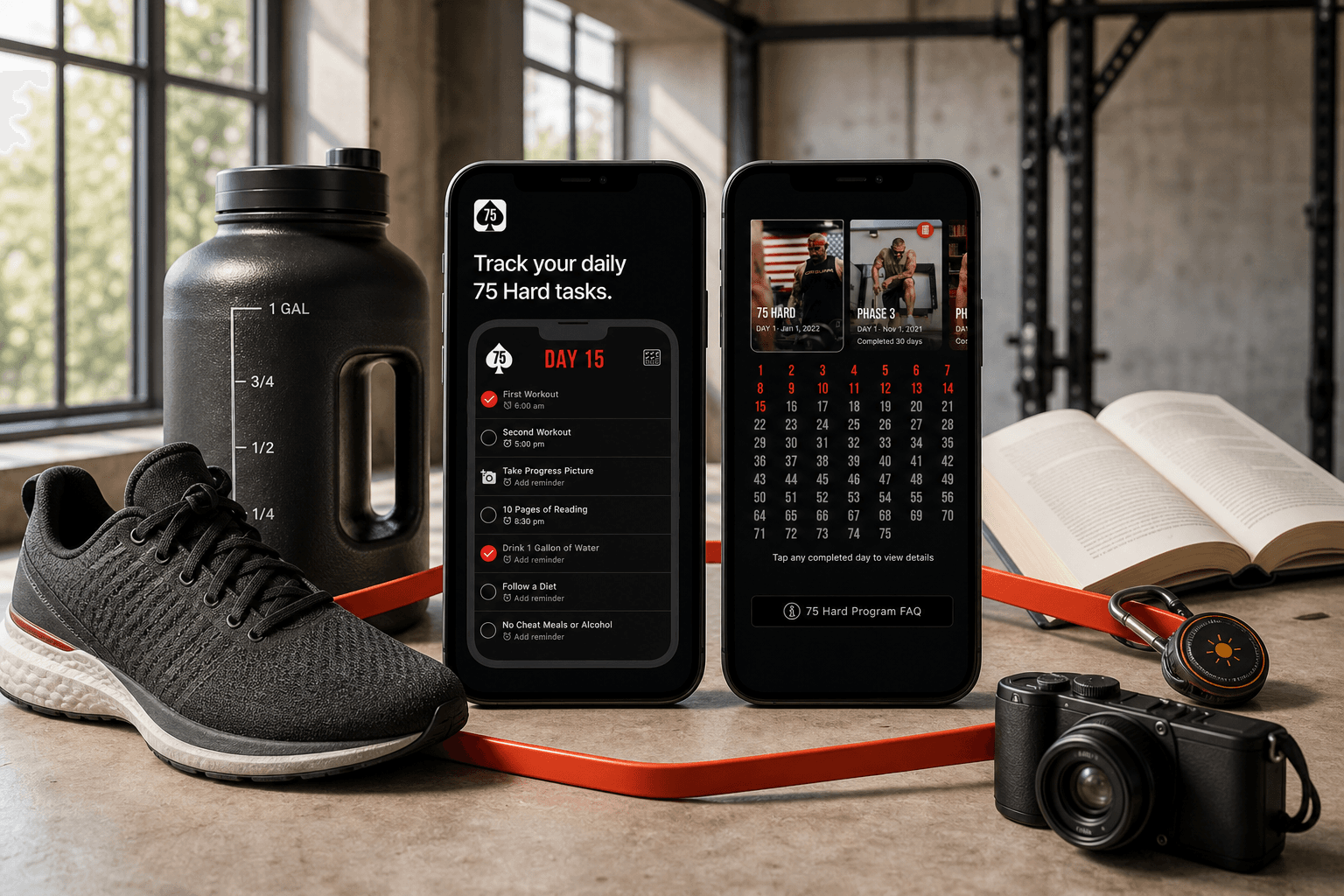 Two official 75 Hard app screens connect the daily checklist and 75-day calendar to the program's five physical tasks