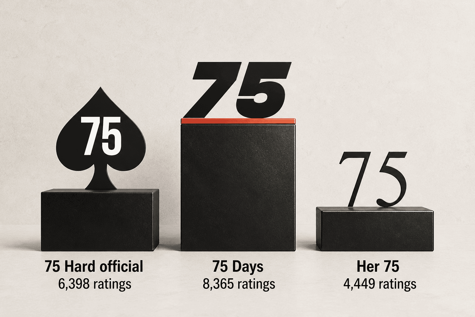 Three App Store rating pedestals compare the official 75 Hard app with 75 Days and Her 75 in July 2026