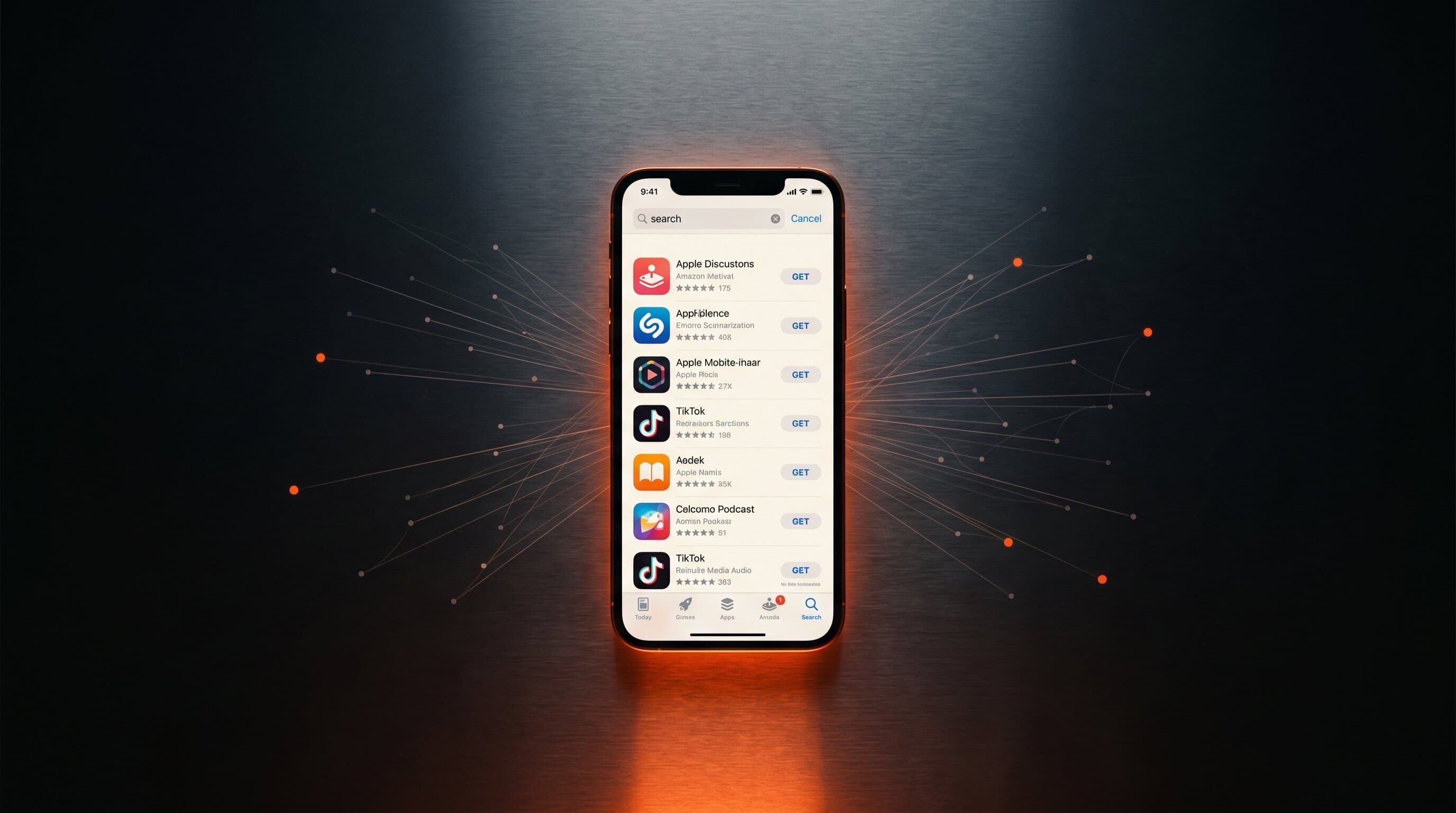 Smartphone with App Store search results showing creator apps with orange accent lighting