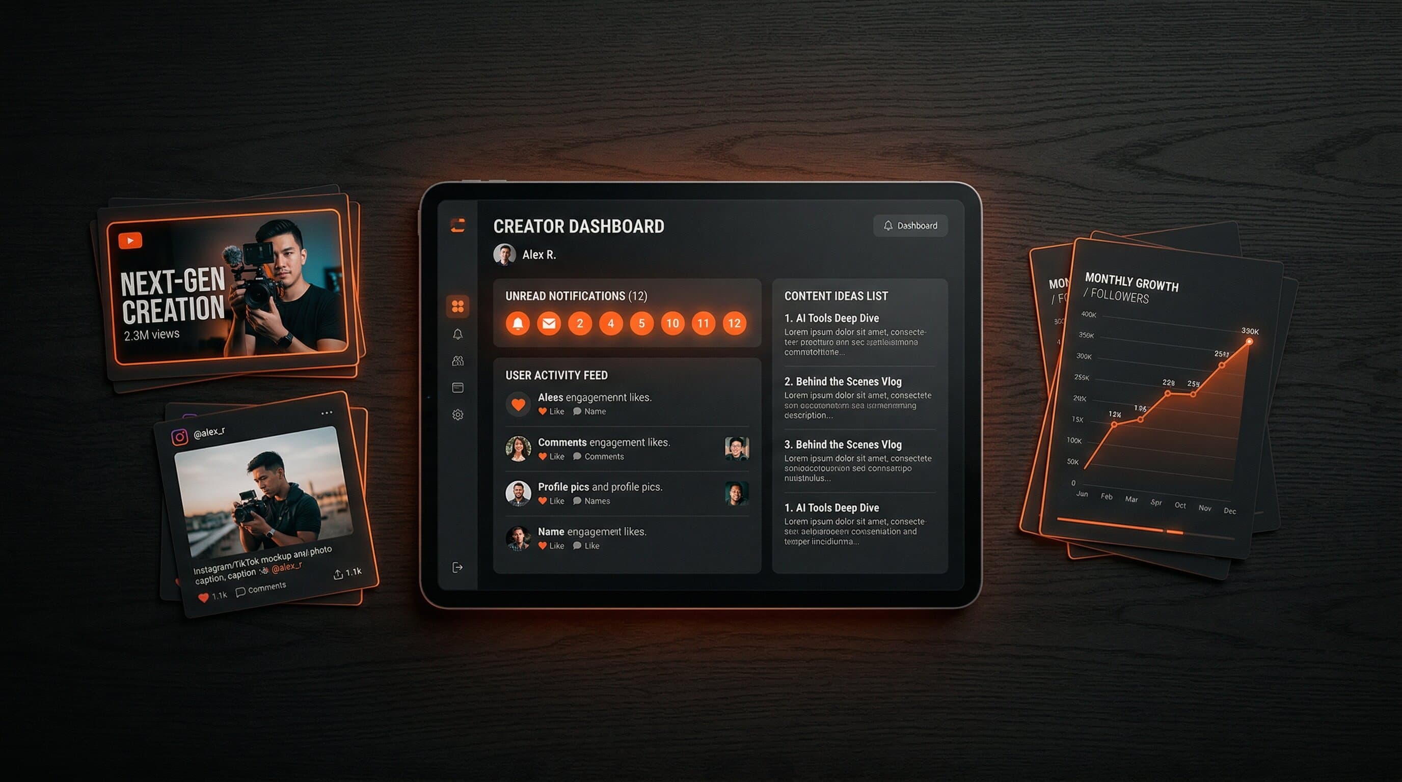 A creator's app generating content ideas from user activity and engagement data