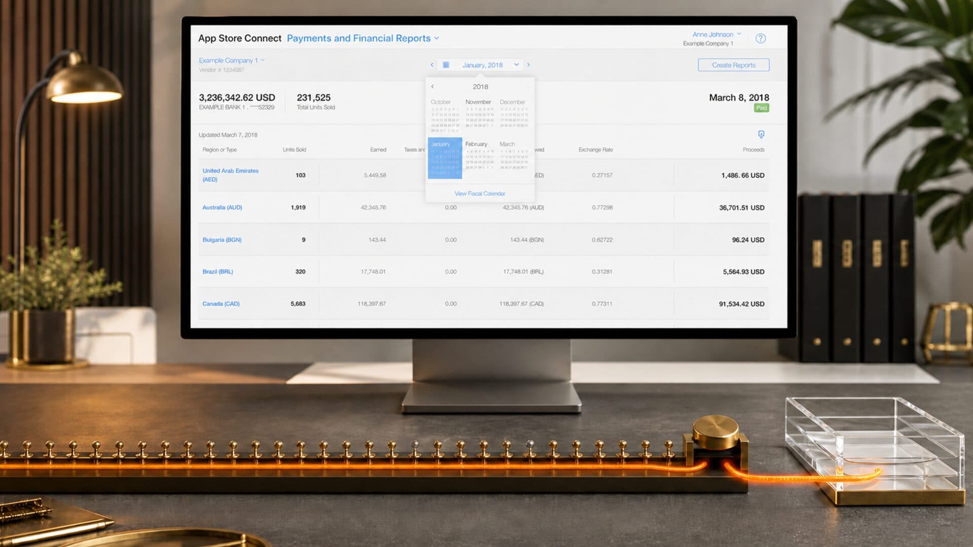 Apple's fiscal calendar open on the official App Store Connect payments screen, with one payout disc crossing an orange timing rail toward a bank tray