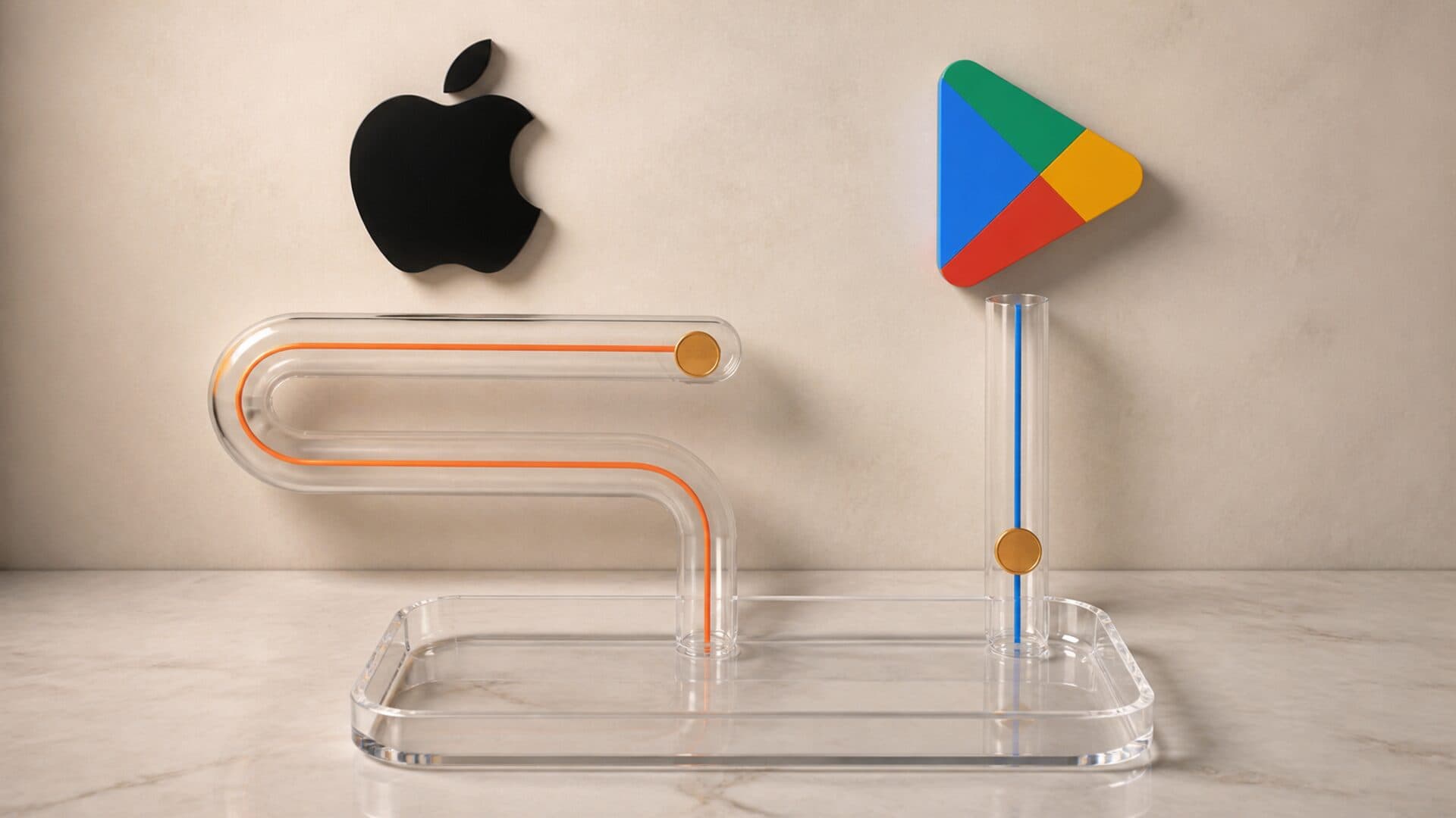 Apple and Google Play marks above transparent payout tubes, with Apple's route looping much farther before both reach the same bank tray