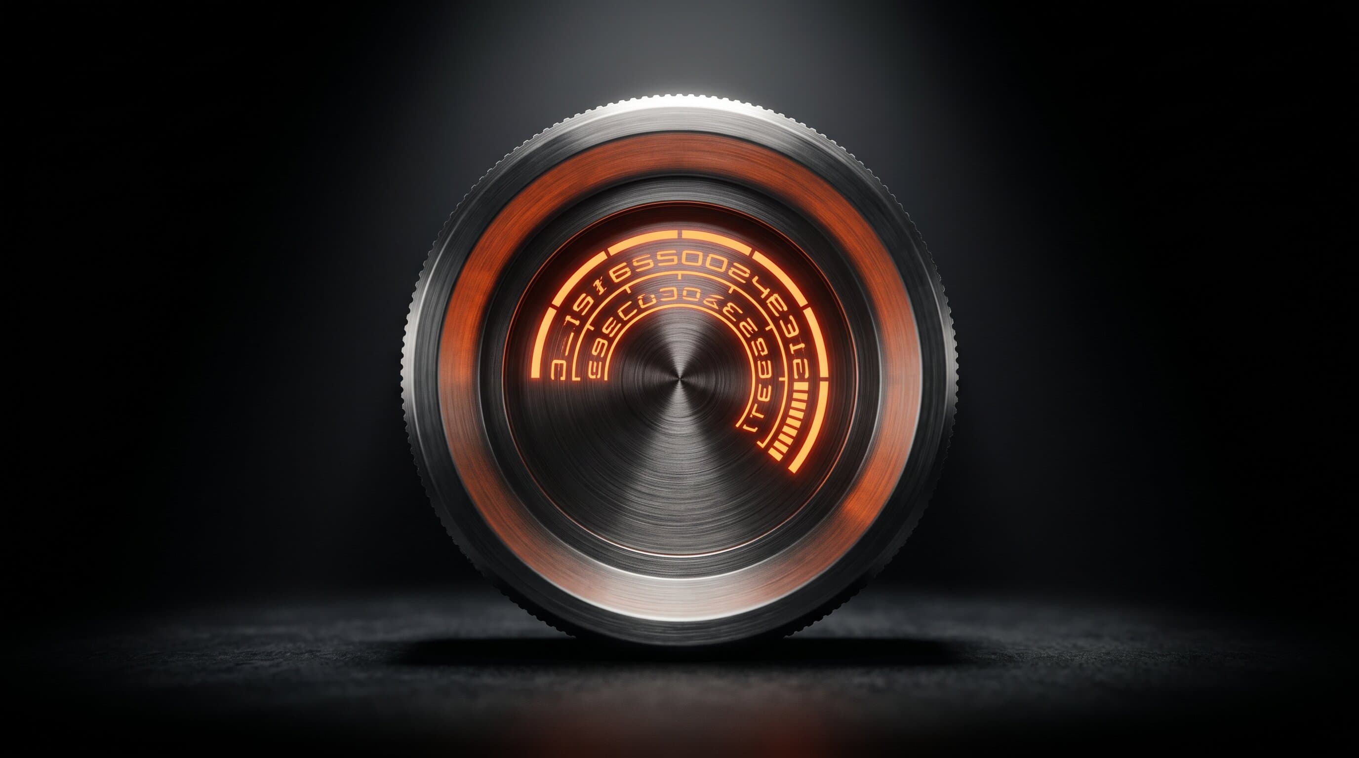 A macro photograph of a glowing recurring-charge dial on a dark surface, its readout lit warm orange, representing a monthly creator tool subscription