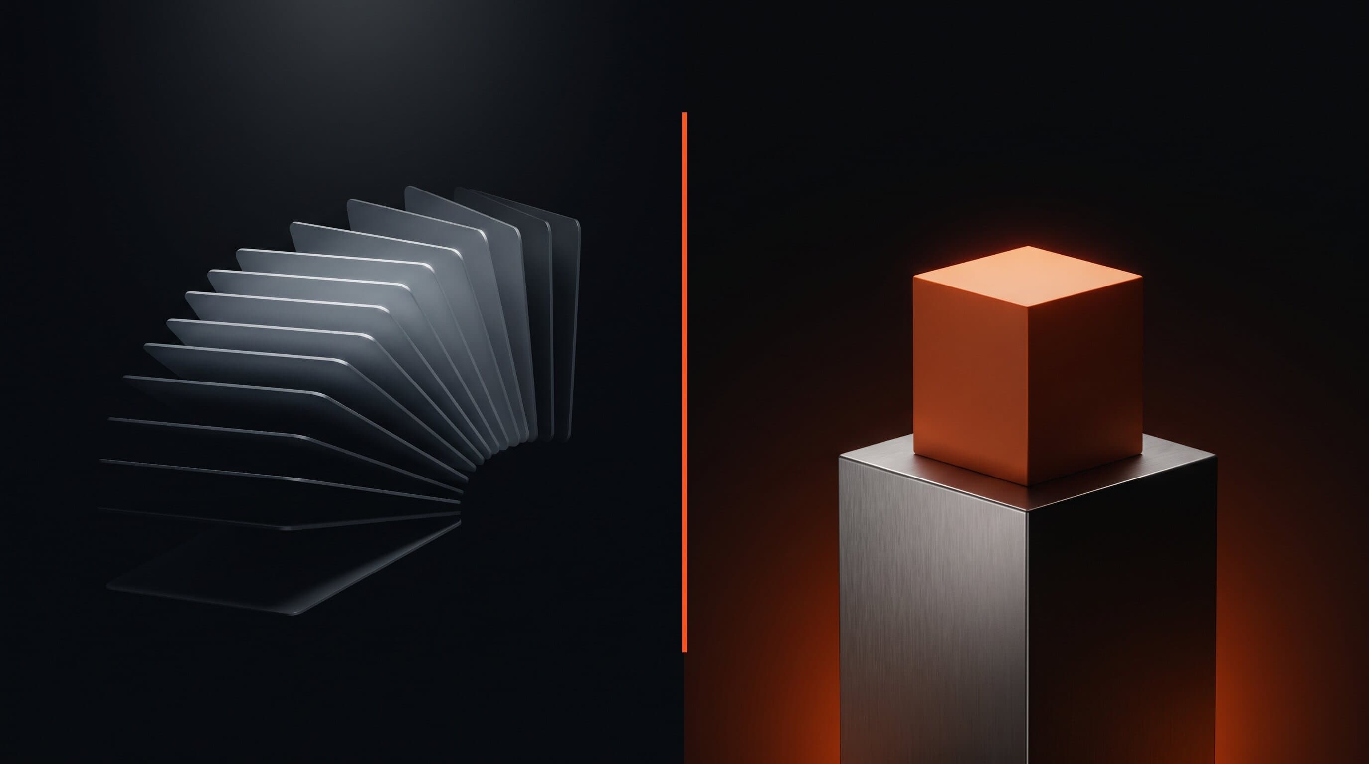 A dark editorial split composition, a stack of glowing subscription cards flowing outward on the left, a single owned app icon glowing warm orange on the right, representing rent versus own