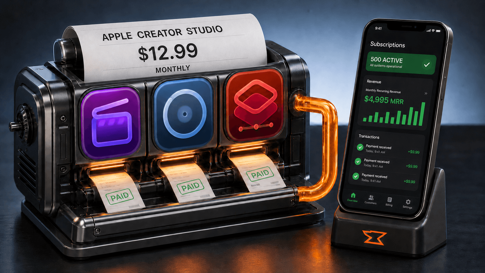 A studio-built cash-flow machine where revenue from a 500-subscriber app pays the $12.99 Apple Creator Studio bill, with Final Cut Pro, Logic Pro, and Pixelmator Pro installed as the tools it funds