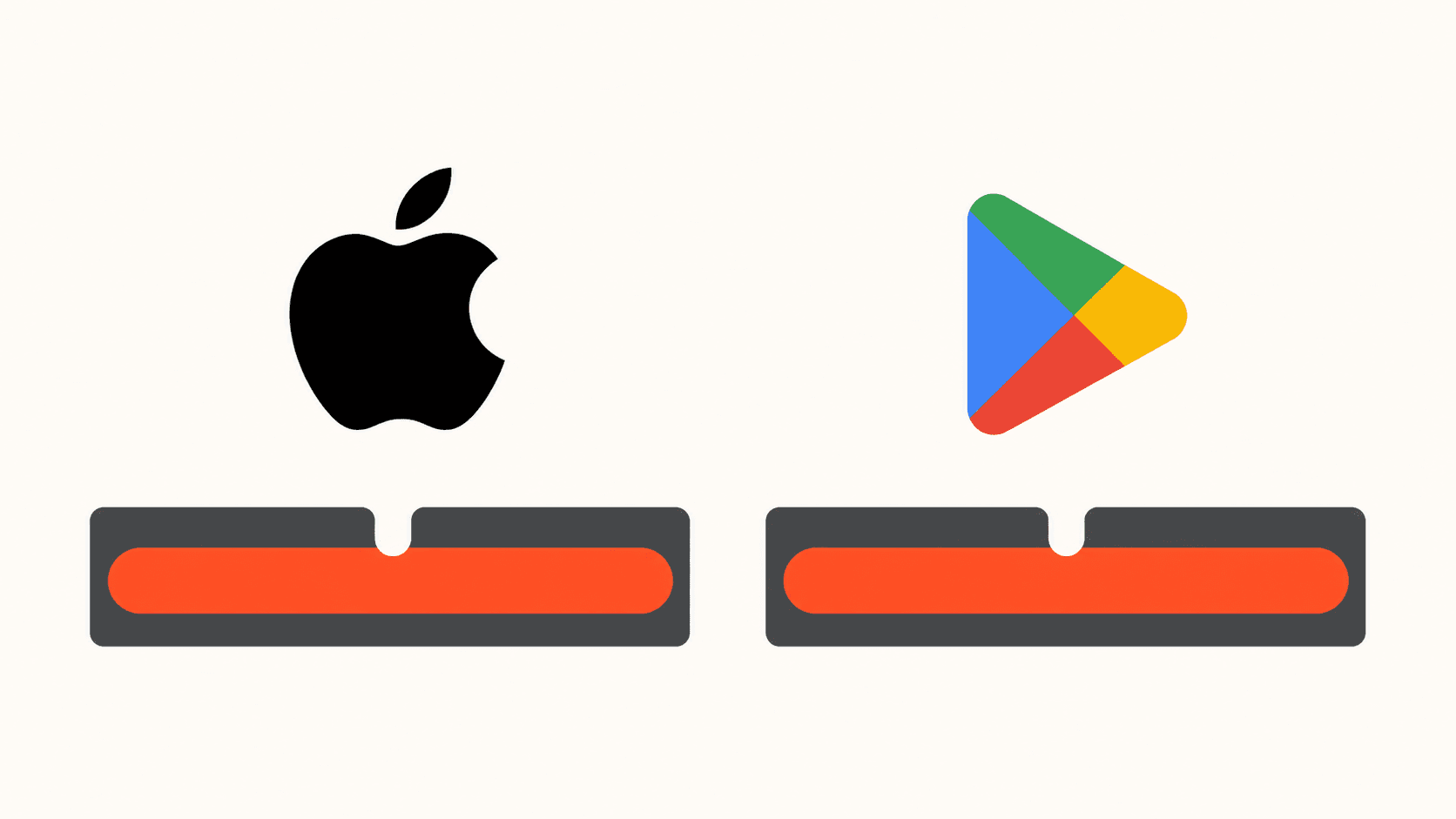 Apple and Google Play marks above equal subscription bars with identical commission notches