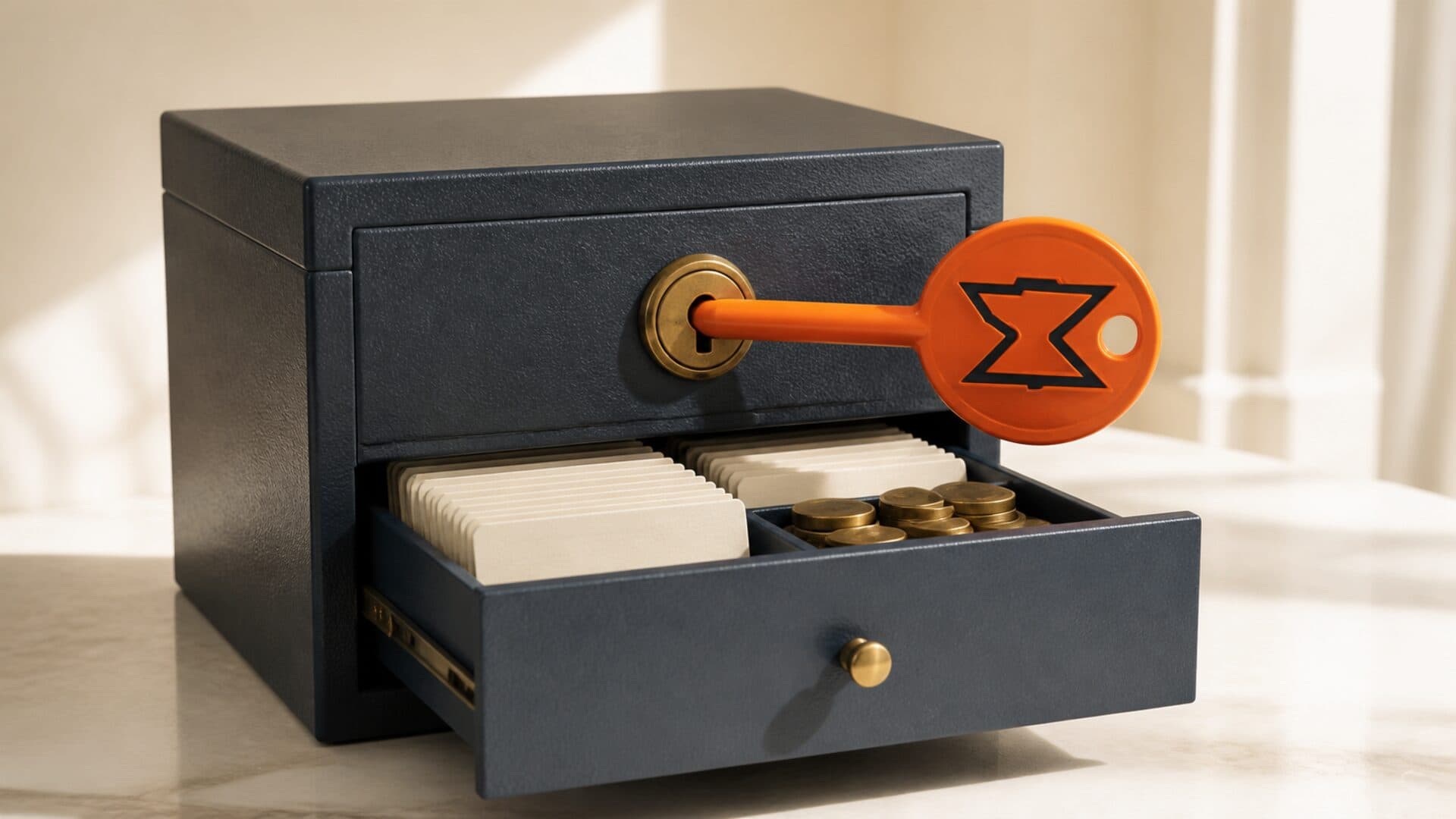An orange Foundry key opens a blue subscriber vault holding customer cards and recurring revenue tokens.