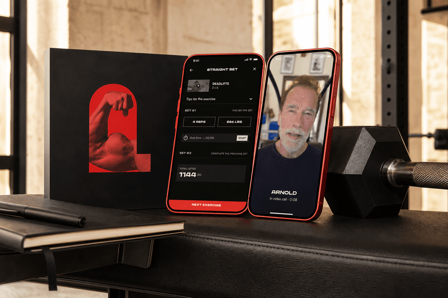 Two large Pump Club app screens pair workout tracking with direct video guidance from Arnold