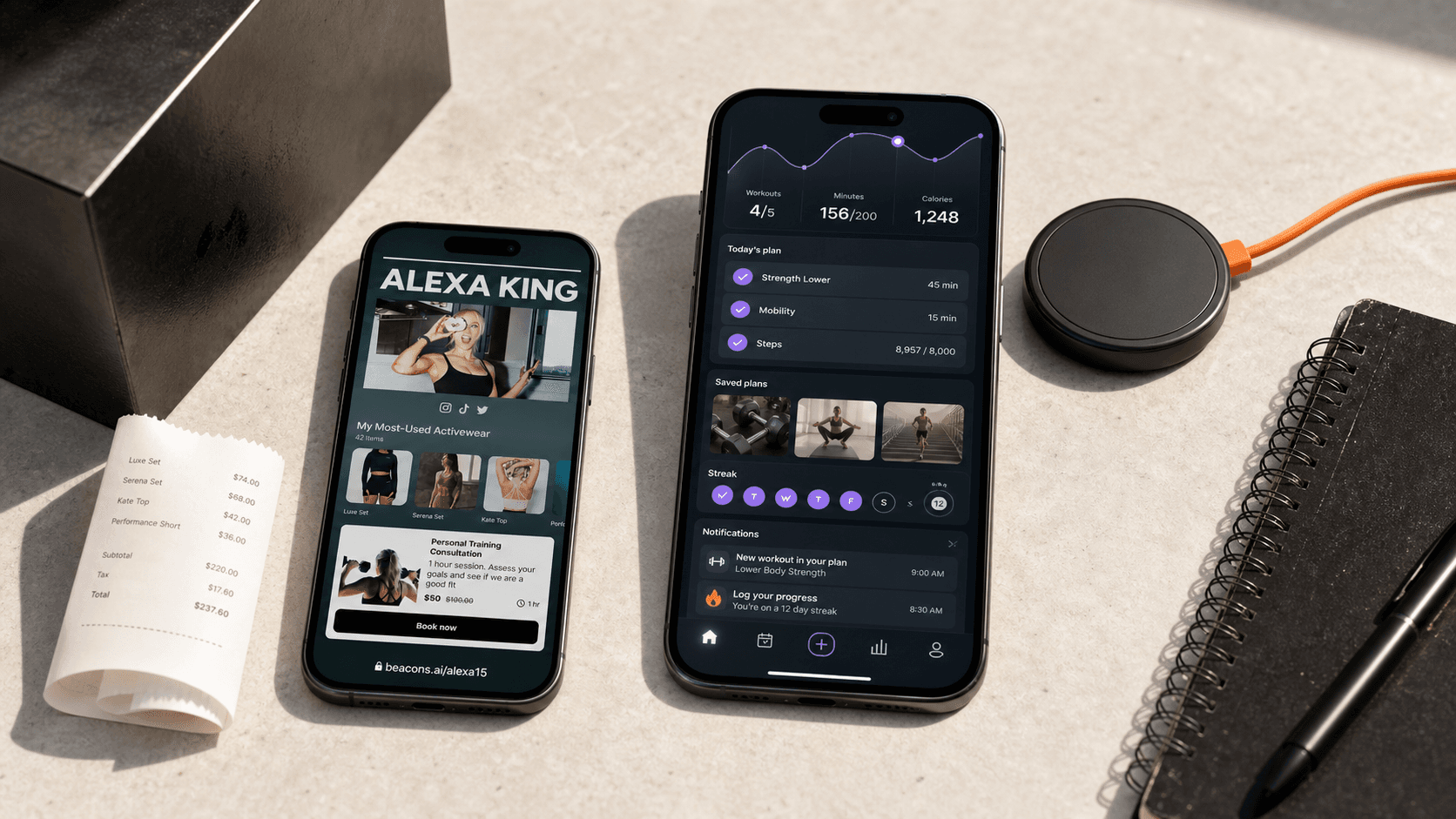 An authentic Beacons storefront sits beside a deeper daily-use creator app with progress, saved plans, streaks, and notifications