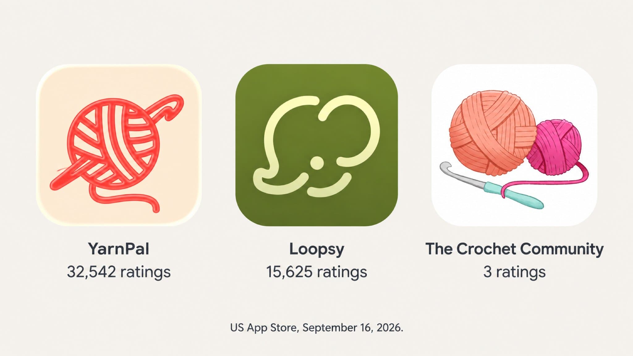 Three real App Store icons at equal size with their US rating counts underneath: YarnPal at 32,542 ratings, Loopsy at 15,625 ratings, and The Crochet Community at 3 ratings, dated September 16, 2026
