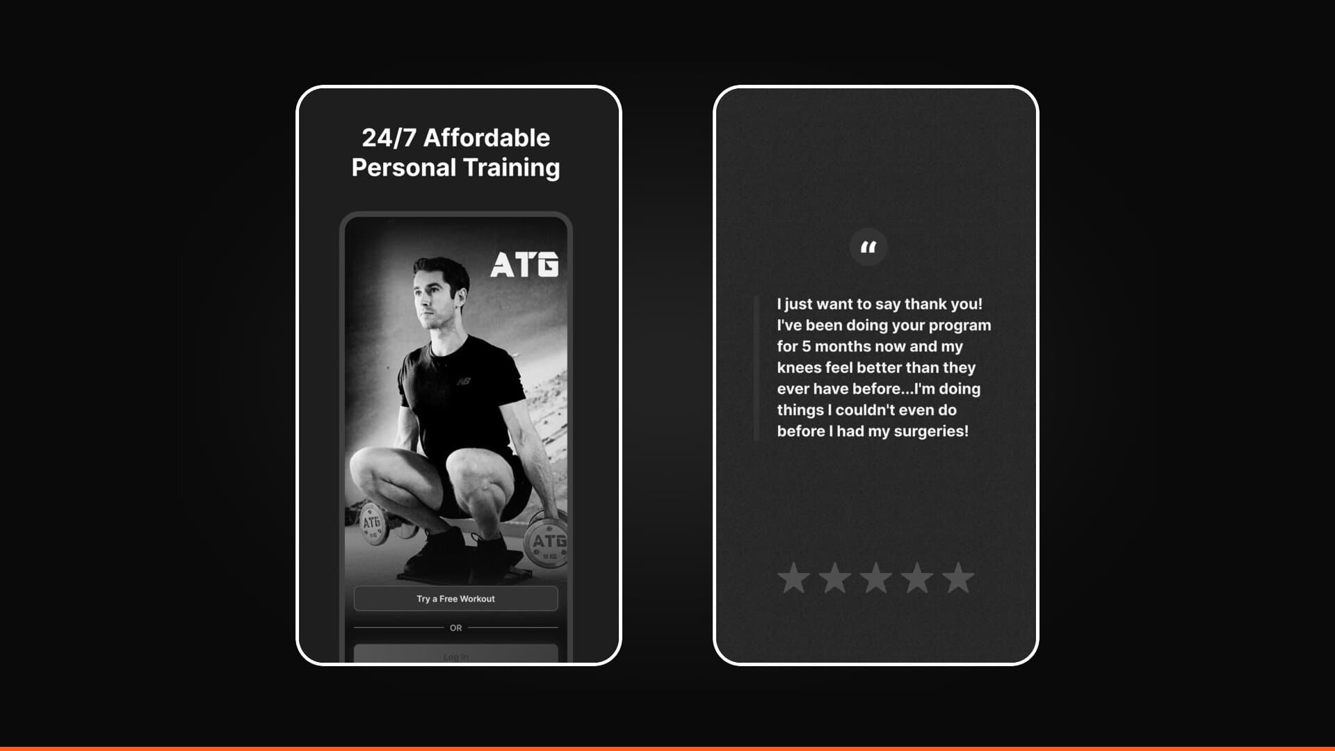 Real screens from the ATG Online Coaching app: Ben Patrick's training home screen and a member's five-star review about regaining knee strength after surgery