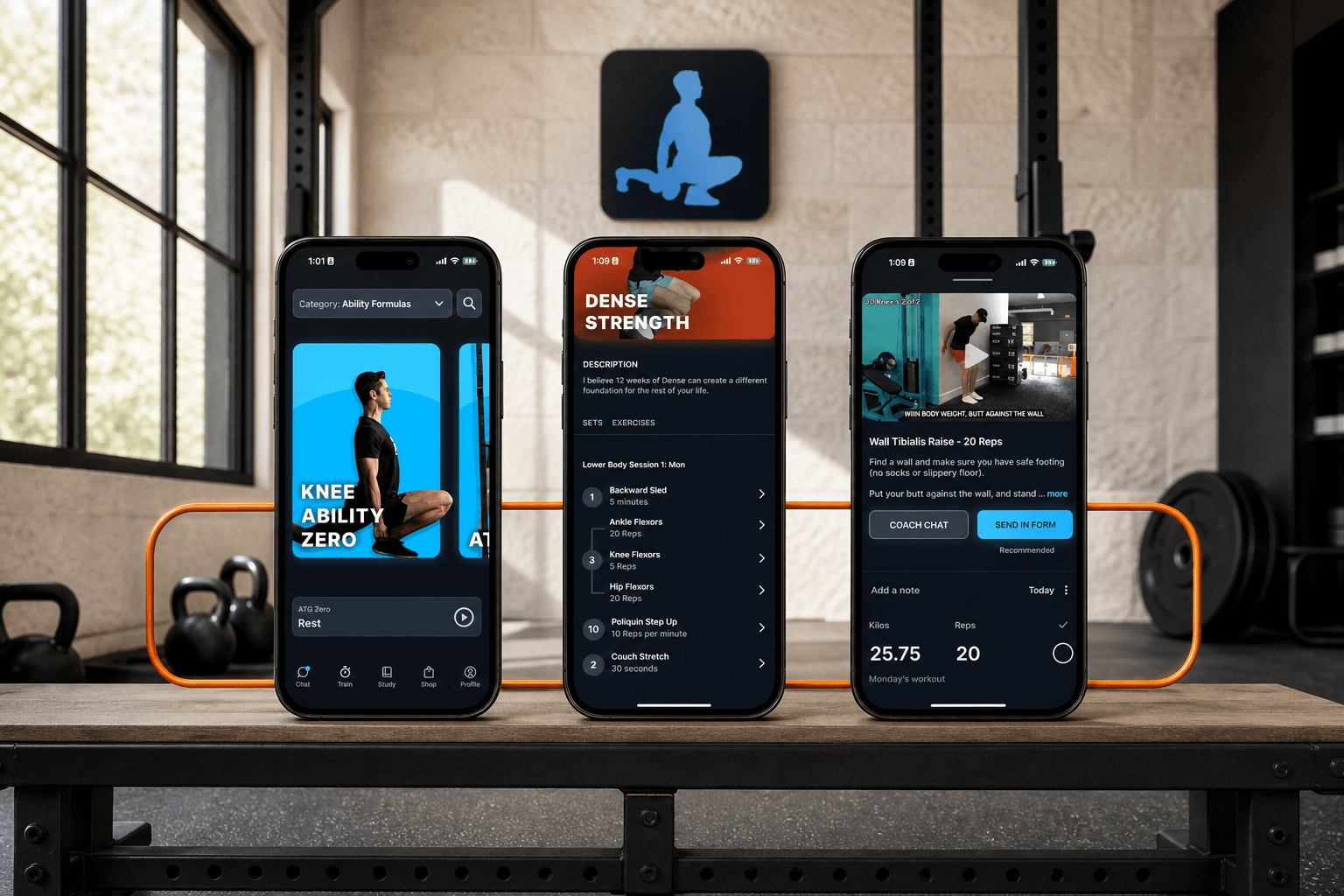 Three real ATG app screens showing the loop from choosing a program to completing a workout and submitting form for coach feedback