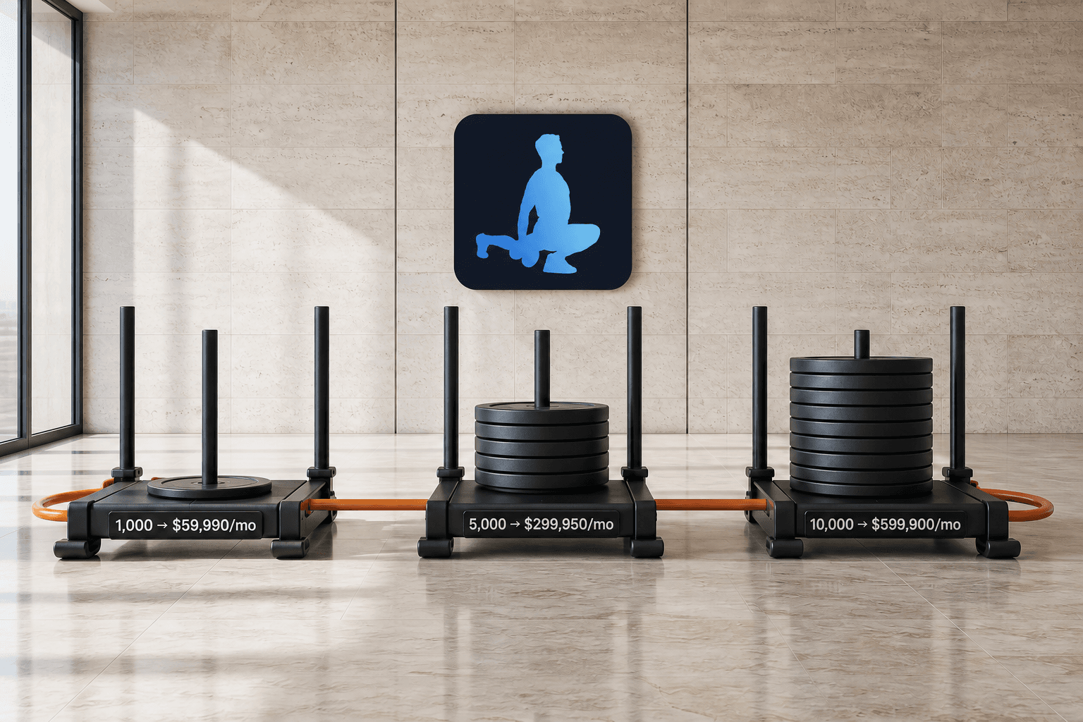Three progressively loaded gym sleds showing recurring monthly revenue at 1,000, 5,000, and 10,000 ATG subscribers