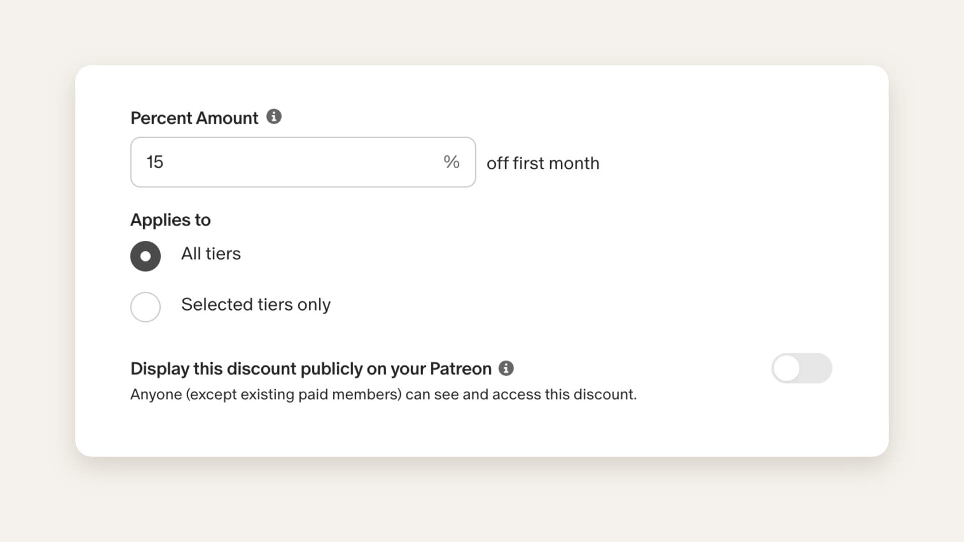 Patreon's own Create new discount form from its help center, showing a 15 percent amount labeled off first month and a public display toggle that reads anyone except existing paid members can see and access this discount