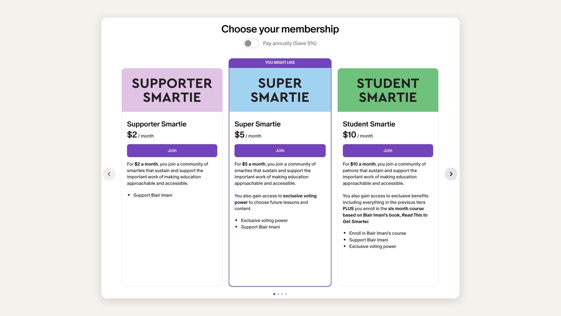 Blair Imani's Patreon membership page showing three of six tiers: Supporter Smartie at $2 a month, Super Smartie at $5 with exclusive voting power, and Student Smartie at $10 a month, which enrolls members in the six month course based on Read This to Get Smarter