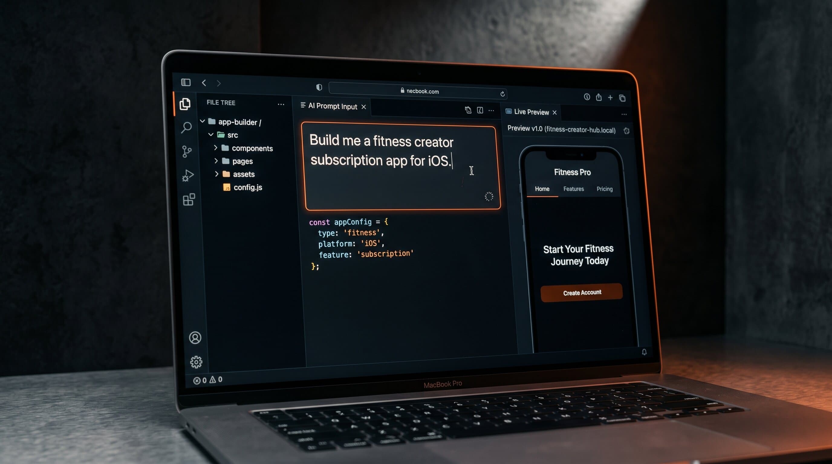 Bolt.new in-browser editor with prompt, code panel, and live preview