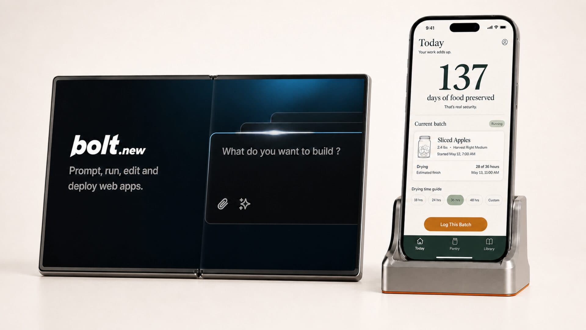 Bolt's official browser prompt interface beside the real Freeze Dry Buddy native app in a machined phone dock