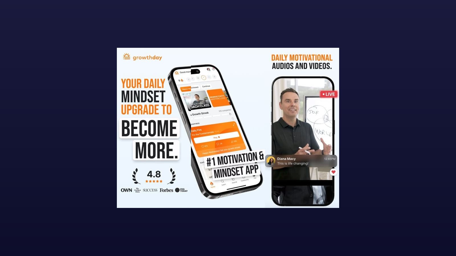 GrowthDay app showing Daily Fire morning coaching, mindset journal, and habit tracker on mobile screens framed on a dark background