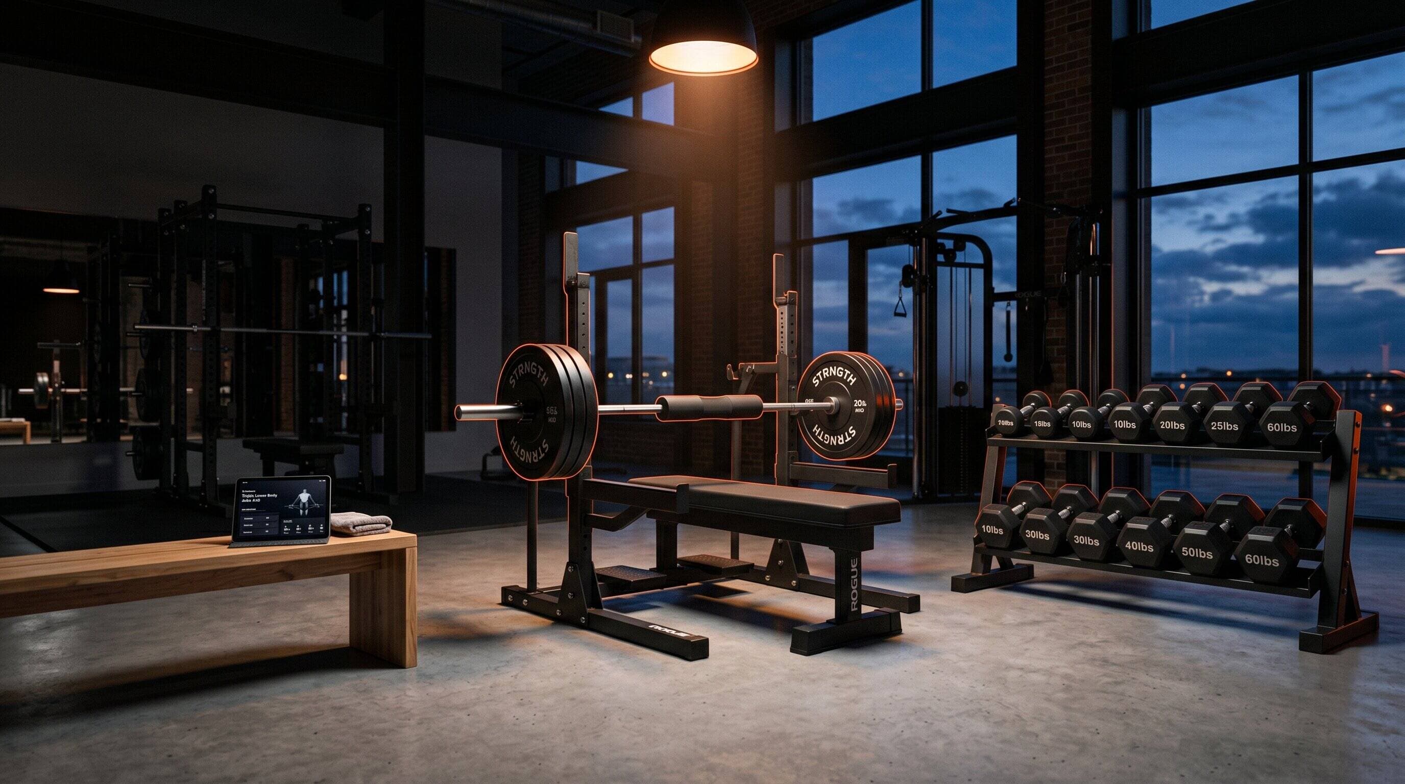 A clean modern gym with a barbell hip thrust station, orange rim lighting from a setup spotlight, and a tablet on a bench showing a workout app screen