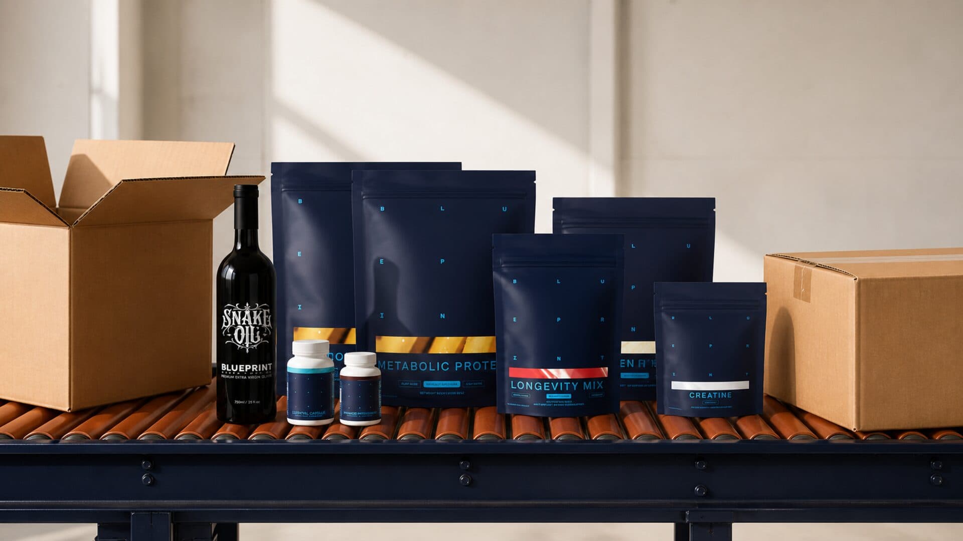 Blueprint's real Big Stack products moving between open and sealed parcels on a fulfillment conveyor